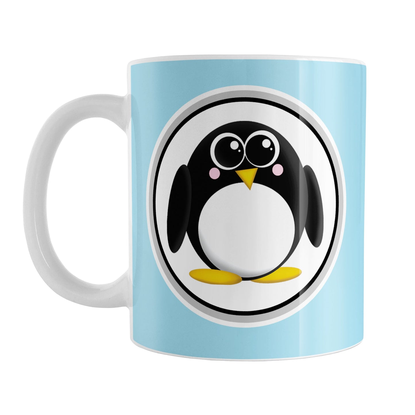 Adorable Light Blue Penguin Mug (11oz) at Amy's Coffee Mugs. A ceramic coffee mug designed with a cute rounded penguin in a white circle on both sides of the mug over a light blue background color that wraps around the mug up to the handle.
