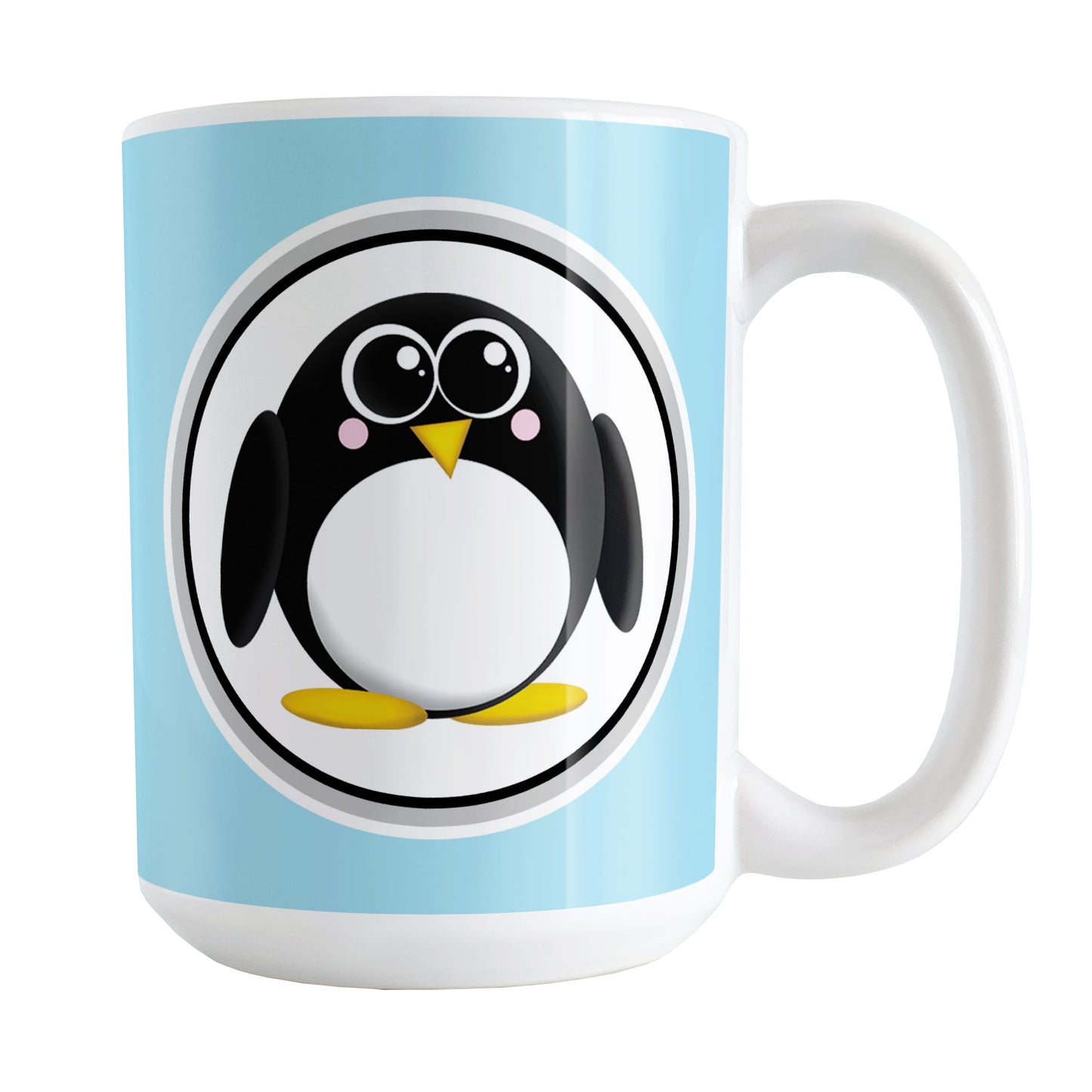 Adorable Light Blue Penguin Mug (15oz) at Amy's Coffee Mugs. A ceramic coffee mug designed with a cute rounded penguin in a white circle on both sides of the mug over a light blue background color that wraps around the mug up to the handle.