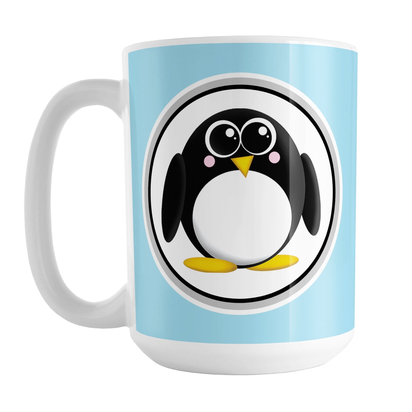 Adorable Light Blue Penguin Mug (15oz) at Amy's Coffee Mugs. A ceramic coffee mug designed with a cute rounded penguin in a white circle on both sides of the mug over a light blue background color that wraps around the mug up to the handle.