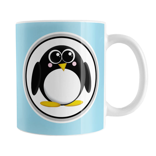 Adorable Light Blue Penguin Mug (11oz) at Amy's Coffee Mugs. A ceramic coffee mug designed with a cute rounded penguin in a white circle on both sides of the mug over a light blue background color that wraps around the mug up to the handle.