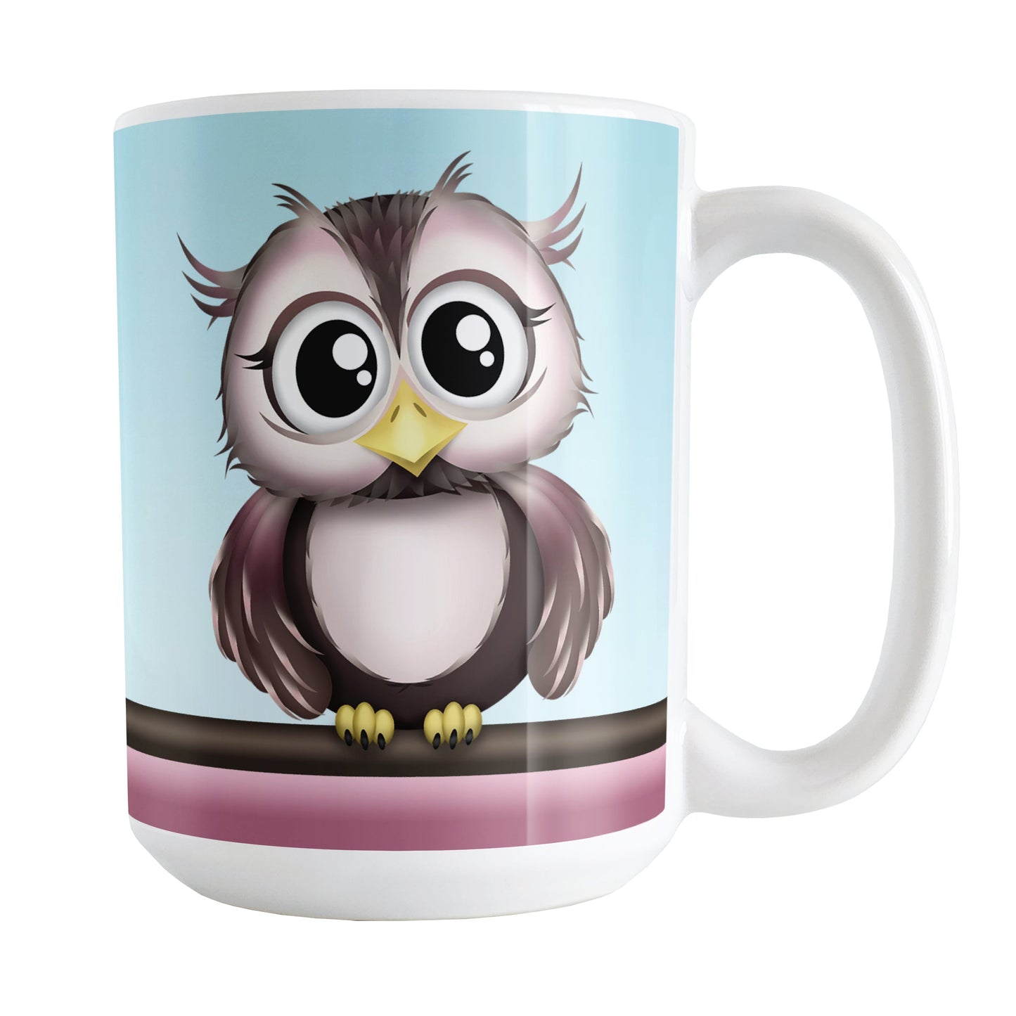 Adorable Pink and Brown Owl Mug (15oz) at Amy's Coffee Mugs. A ceramic coffee mug designed with an illustration of a cute brown owl on both sides of the mug above two stripes in brown and pink, over a light blue background that wraps around the mug up to the handle.