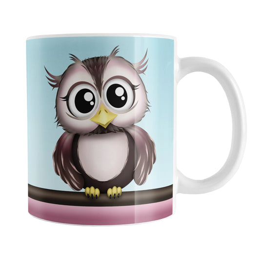 Adorable Pink and Brown Owl Mug (11oz) at Amy's Coffee Mugs. A ceramic coffee mug designed with an illustration of a cute brown owl on both sides of the mug above two stripes in brown and pink, over a light blue background that wraps around the mug up to the handle.