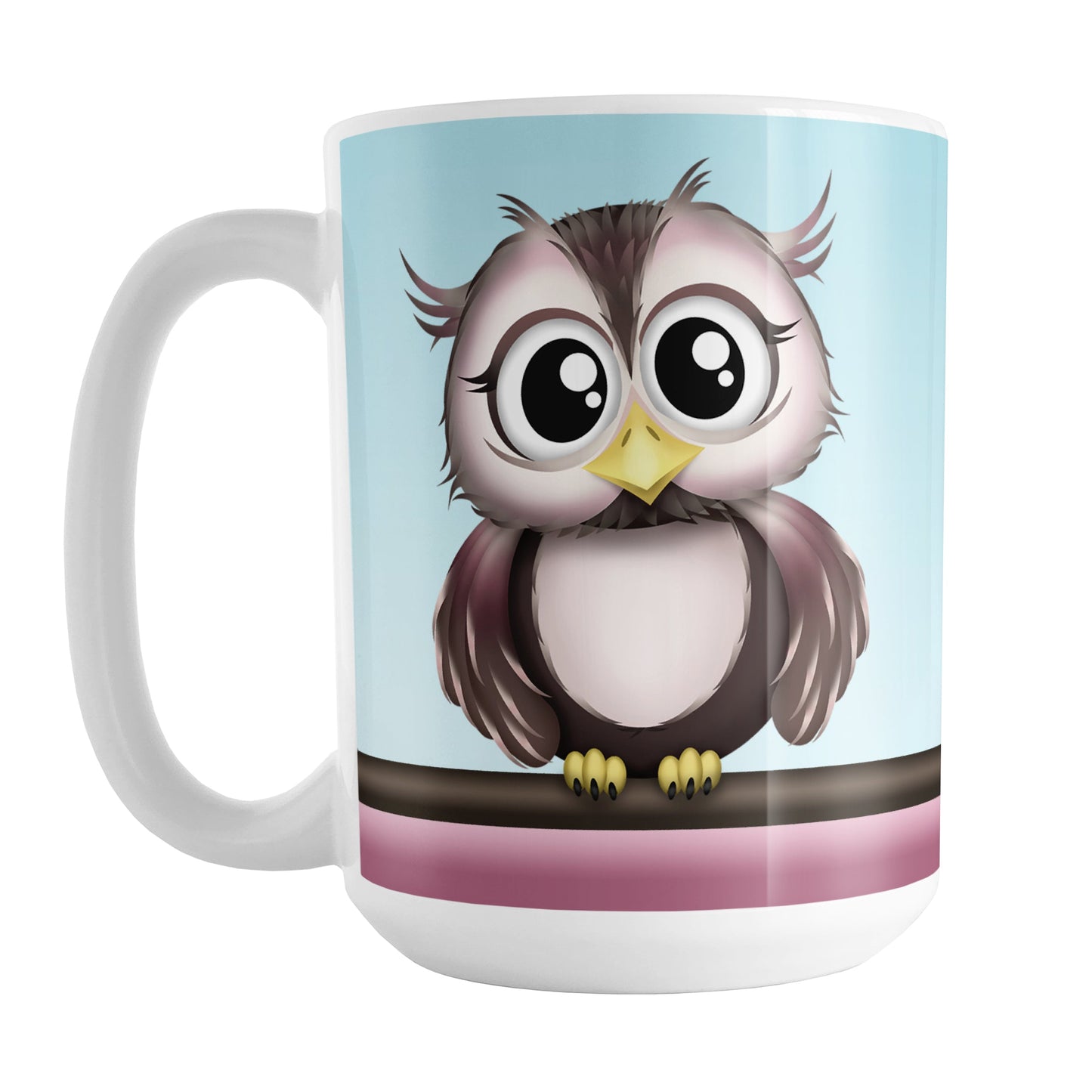 Adorable Pink and Brown Owl Mug (15oz) at Amy's Coffee Mugs. A ceramic coffee mug designed with an illustration of a cute brown owl on both sides of the mug above two stripes in brown and pink, over a light blue background that wraps around the mug up to the handle.