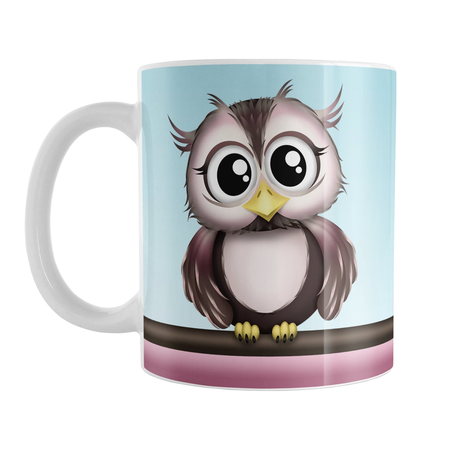 Adorable Pink and Brown Owl Mug (11oz) at Amy's Coffee Mugs. A ceramic coffee mug designed with an illustration of a cute brown owl on both sides of the mug above two stripes in brown and pink, over a light blue background that wraps around the mug up to the handle.