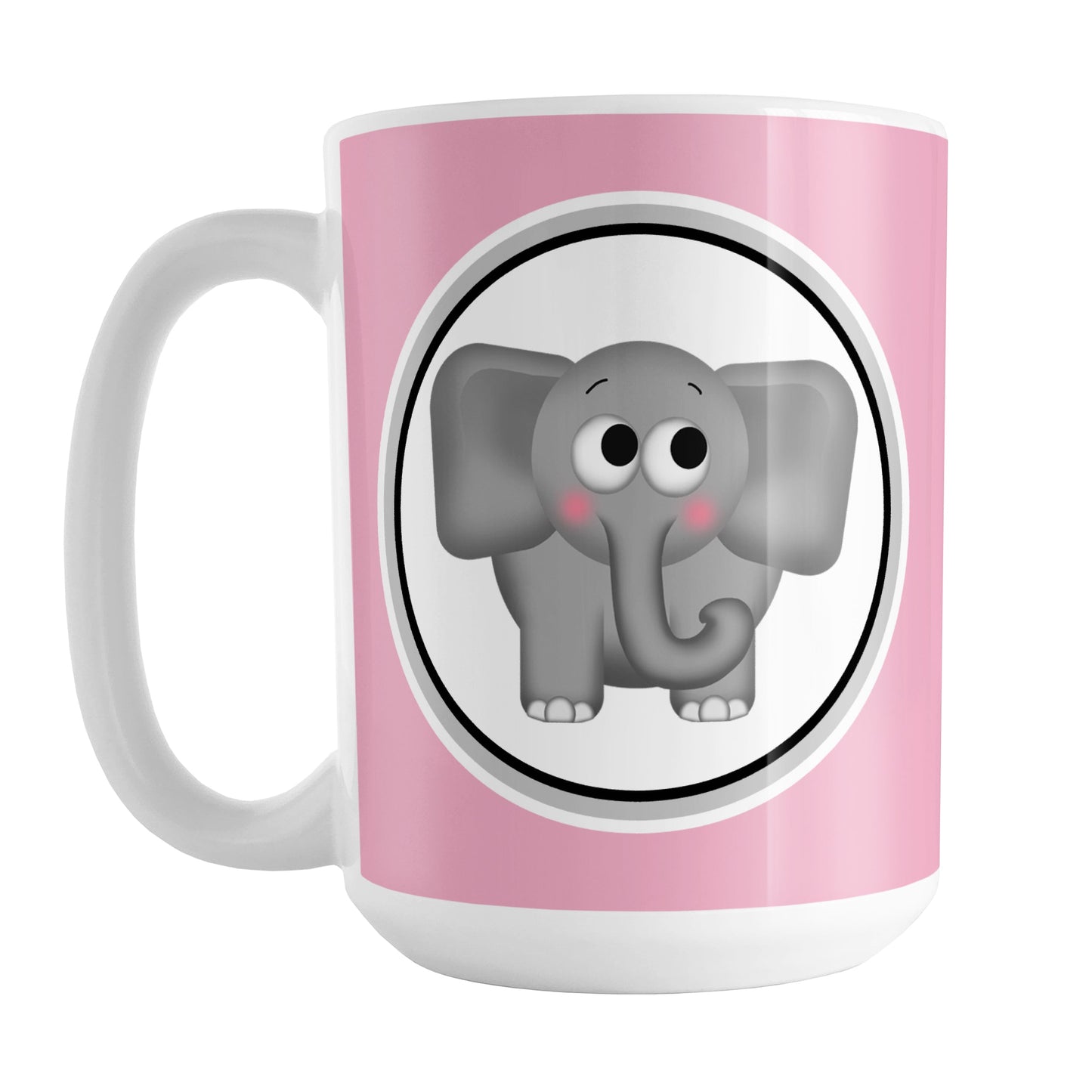 Adorable Pink Elephant Mug (15oz) at Amy's Coffee Mugs. A ceramic coffee mug designed with a cute and affectionate gray elephant in a white circle on both sides of the mug over a pink background color that wraps around the mug up to the handle.
