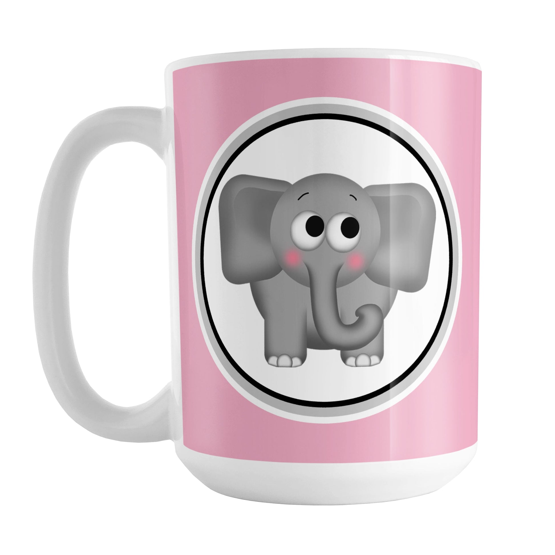Adorable Pink Elephant Mug (15oz) at Amy's Coffee Mugs. A ceramic coffee mug designed with a cute and affectionate gray elephant in a white circle on both sides of the mug over a pink background color that wraps around the mug up to the handle.