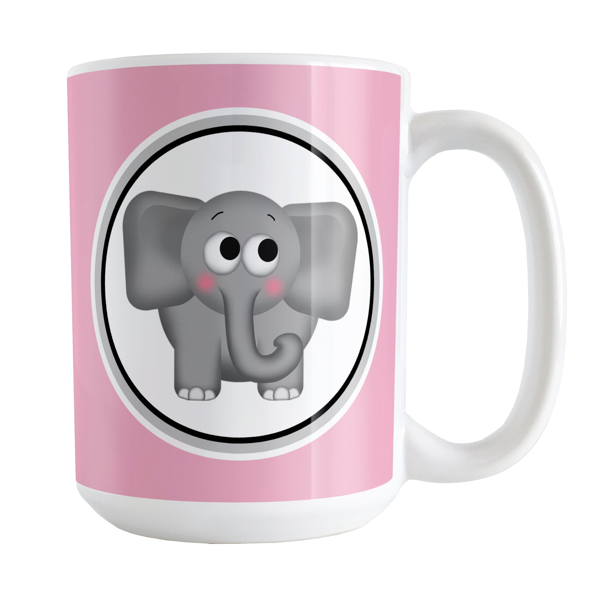 Adorable Pink Elephant Mug (15oz) at Amy's Coffee Mugs. A ceramic coffee mug designed with a cute and affectionate gray elephant in a white circle on both sides of the mug over a pink background color that wraps around the mug up to the handle.