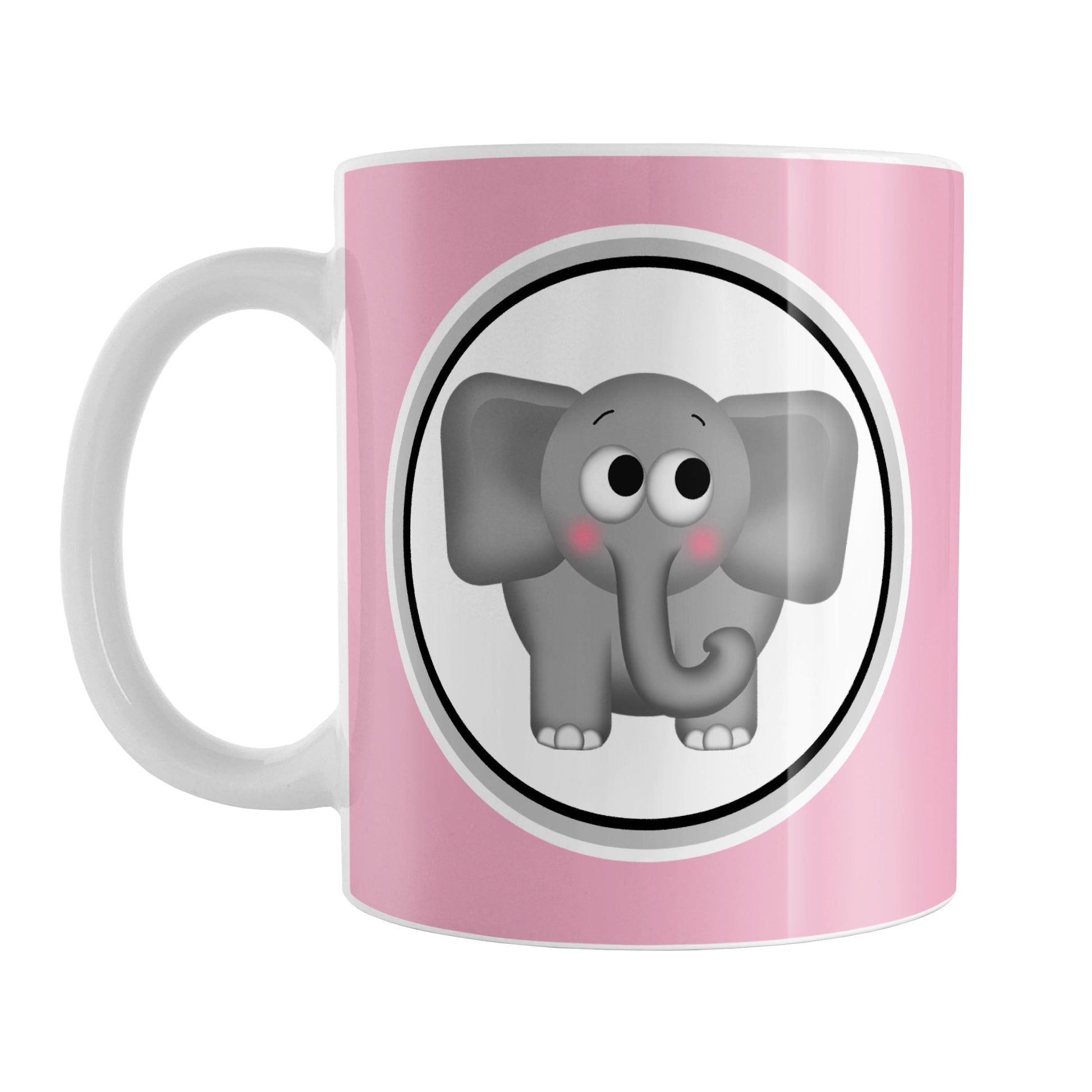 Adorable Pink Elephant Mug (11oz) at Amy's Coffee Mugs. A ceramic coffee mug designed with a cute and affectionate gray elephant in a white circle on both sides of the mug over a pink background color that wraps around the mug up to the handle.