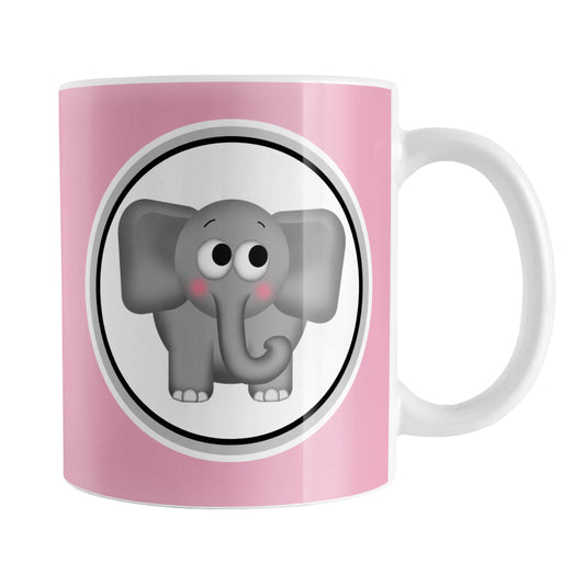 Adorable Pink Elephant Mug (11oz) at Amy's Coffee Mugs. A ceramic coffee mug designed with a cute and affectionate gray elephant in a white circle on both sides of the mug over a pink background color that wraps around the mug up to the handle.