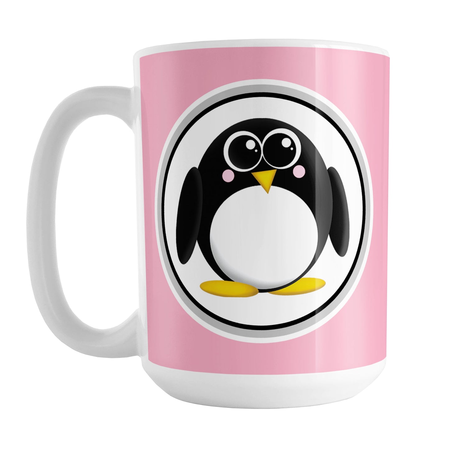 Adorable Pink Penguin Mug (15oz) at Amy's Coffee Mugs. A ceramic coffee mug designed with a cute rounded penguin in a white circle on both sides of the mug over a pink background color that wraps around the mug up to the handle.