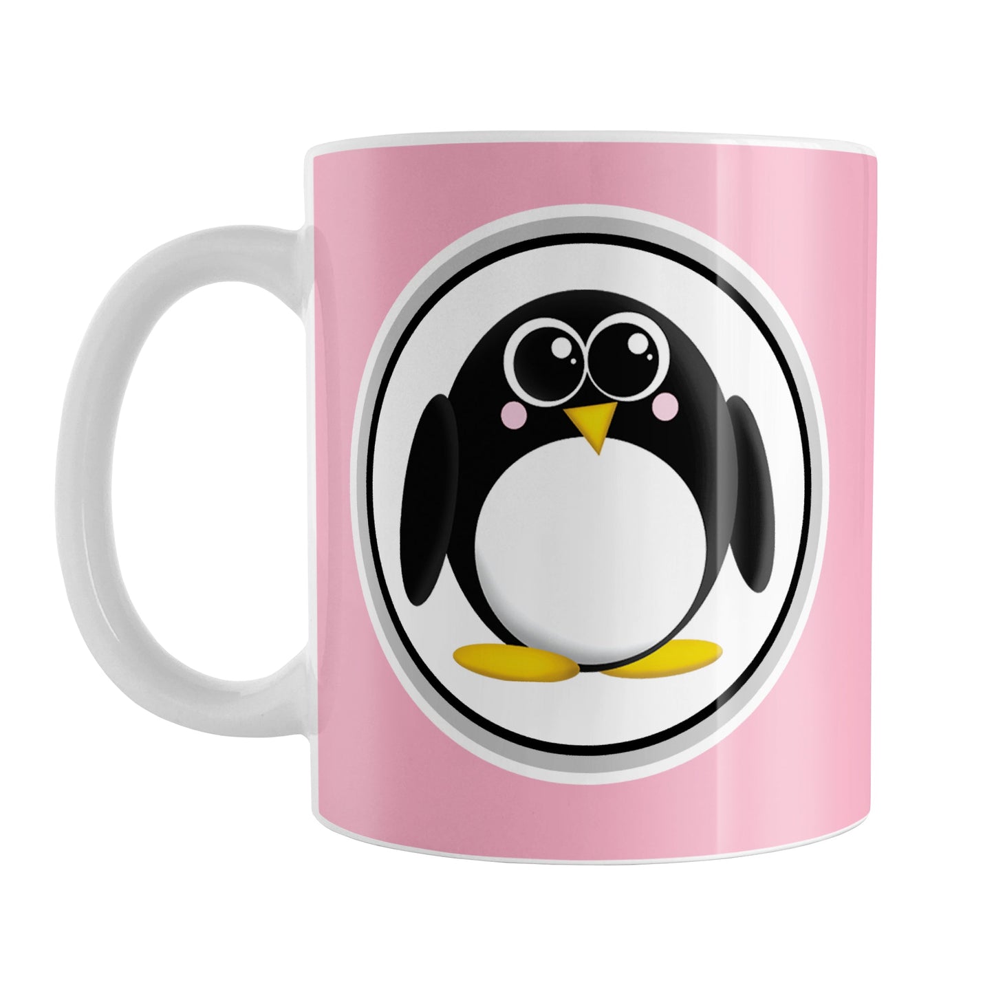Adorable Pink Penguin Mug (11oz) at Amy's Coffee Mugs. A ceramic coffee mug designed with a cute rounded penguin in a white circle on both sides of the mug over a pink background color that wraps around the mug up to the handle.