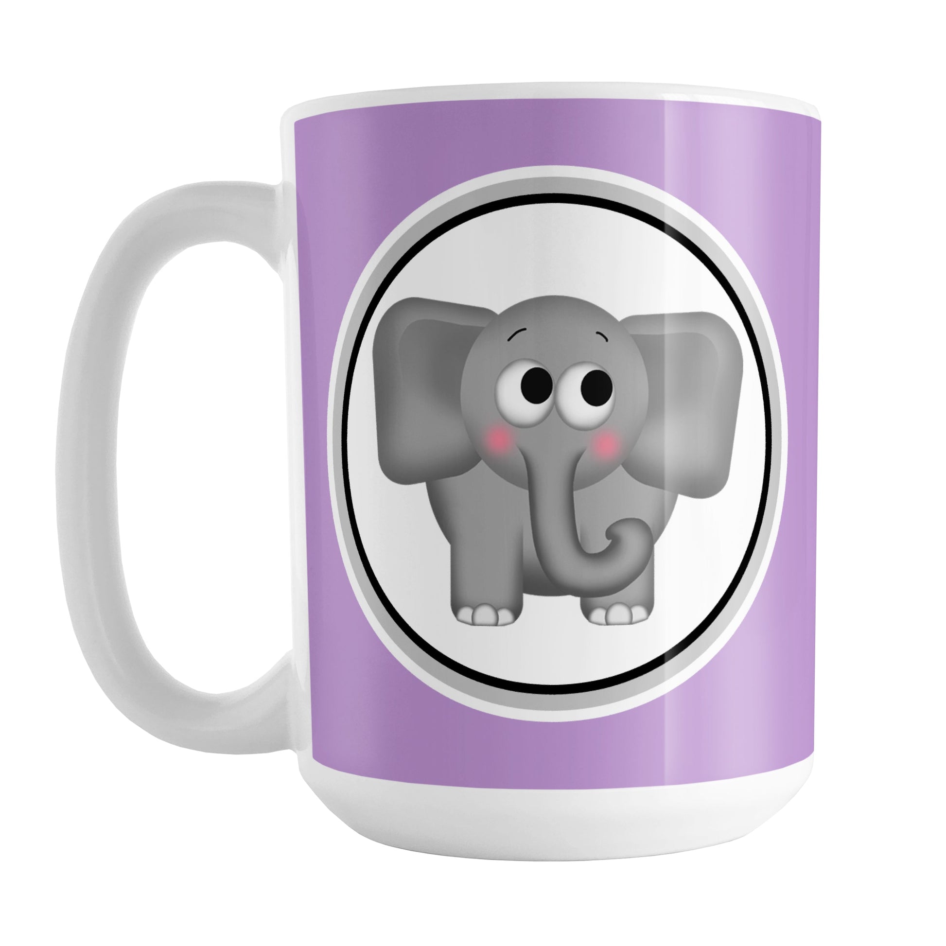 Adorable Purple Elephant Mug (15oz) at Amy's Coffee Mugs. A ceramic coffee mug designed with a cute and affectionate gray elephant in a white circle on both sides of the mug over a purple background color that wraps around the mug up to the handle.