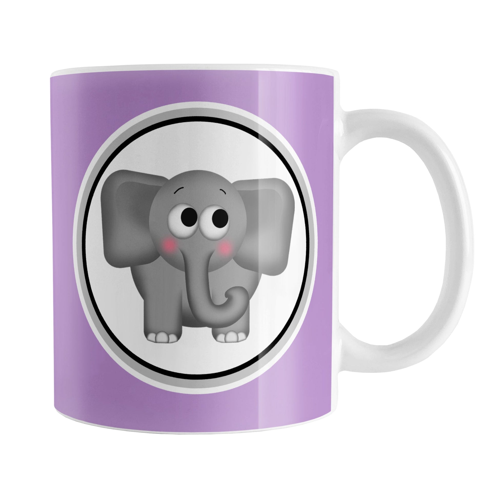Adorable Purple Elephant Mug (11oz) at Amy's Coffee Mugs. A ceramic coffee mug designed with a cute and affectionate gray elephant in a white circle on both sides of the mug over a purple background color that wraps around the mug up to the handle.