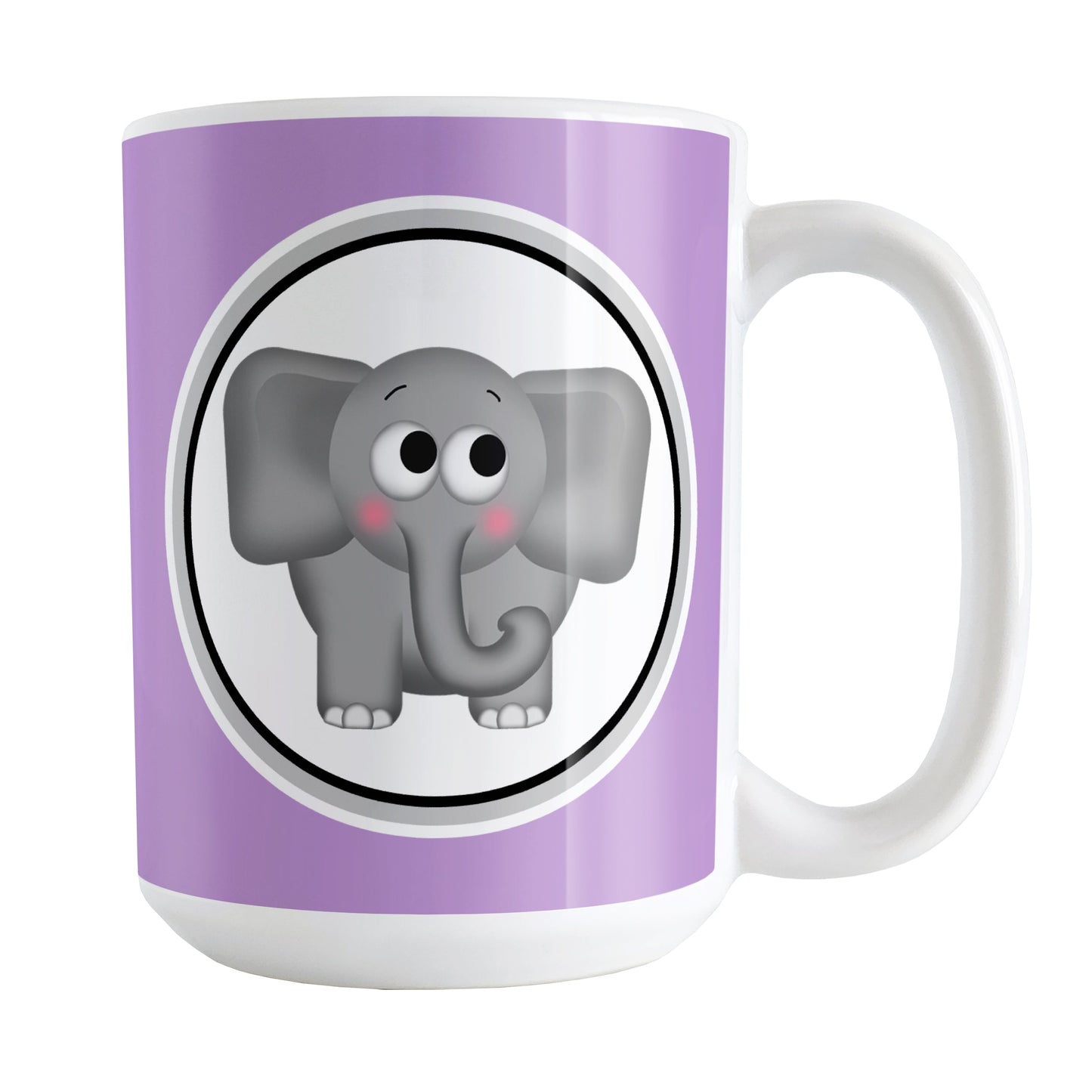 Adorable Purple Elephant Mug (15oz) at Amy's Coffee Mugs. A ceramic coffee mug designed with a cute and affectionate gray elephant in a white circle on both sides of the mug over a purple background color that wraps around the mug up to the handle.