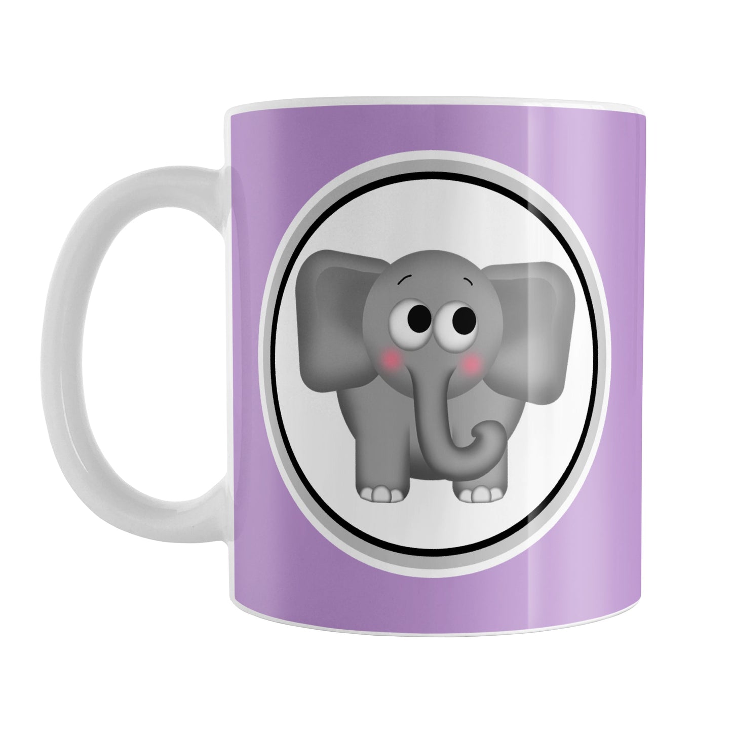 Adorable Purple Elephant Mug (11oz) at Amy's Coffee Mugs. A ceramic coffee mug designed with a cute and affectionate gray elephant in a white circle on both sides of the mug over a purple background color that wraps around the mug up to the handle.