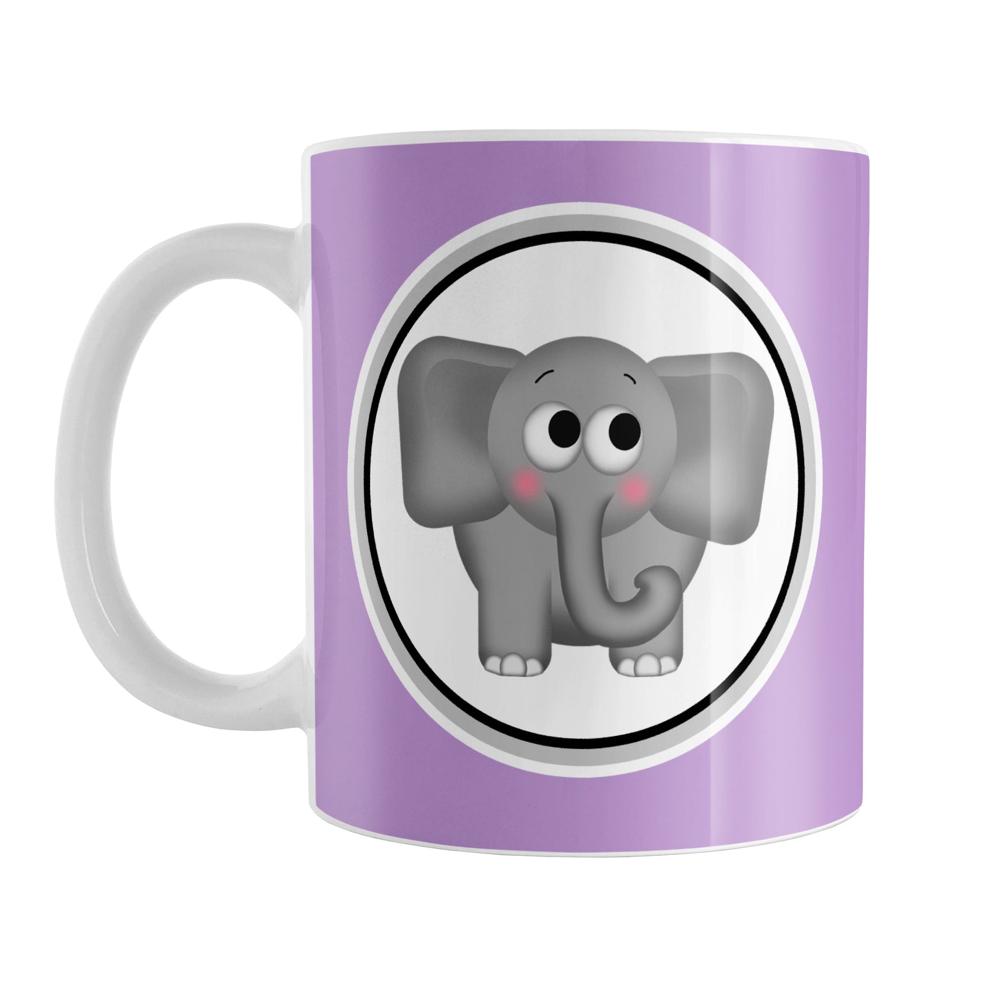 Adorable Purple Elephant Mug (11oz) at Amy's Coffee Mugs. A ceramic coffee mug designed with a cute and affectionate gray elephant in a white circle on both sides of the mug over a purple background color that wraps around the mug up to the handle.