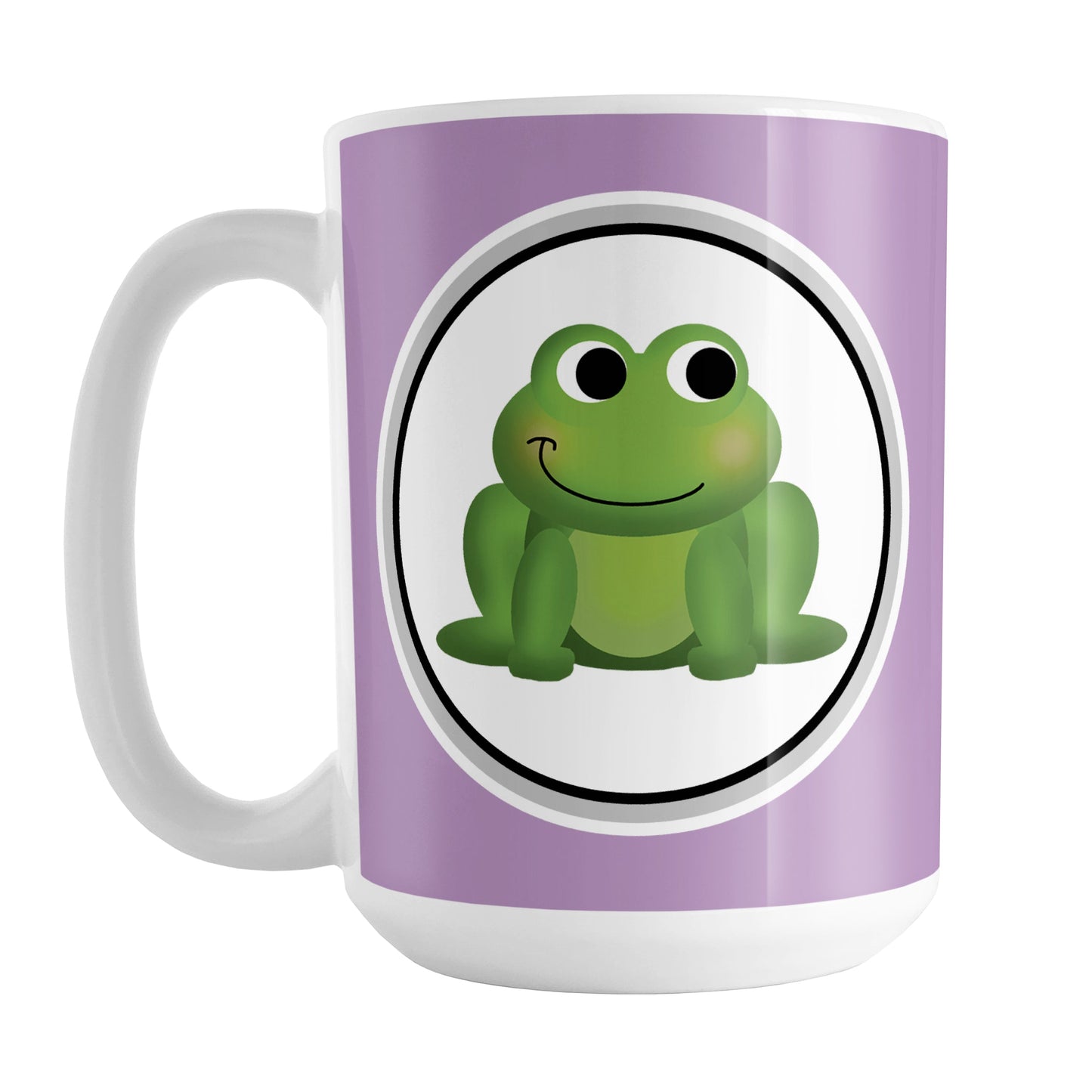 Adorable Purple Frog Mug (15oz) at Amy's Coffee Mugs. A ceramic coffee mug designed with a cute and happy green frog in a white circle on both sides of the mug over a purple background color that wraps around the mug up to the handle.