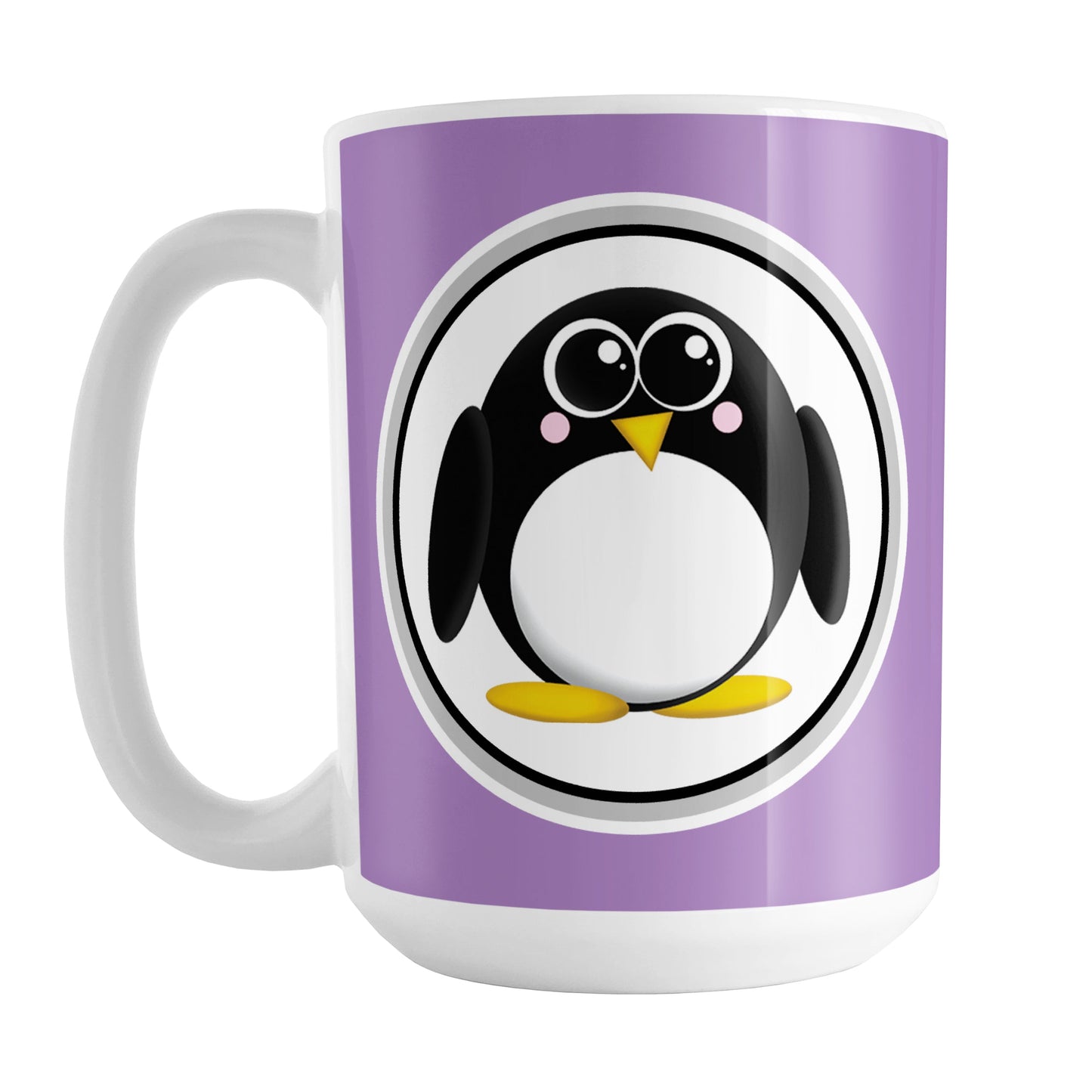 Adorable Purple Penguin Mug (15oz) at Amy's Coffee Mugs. A ceramic coffee mug designed with a cute rounded penguin in a white circle on both sides of the mug over a purple background color that wraps around the mug up to the handle.