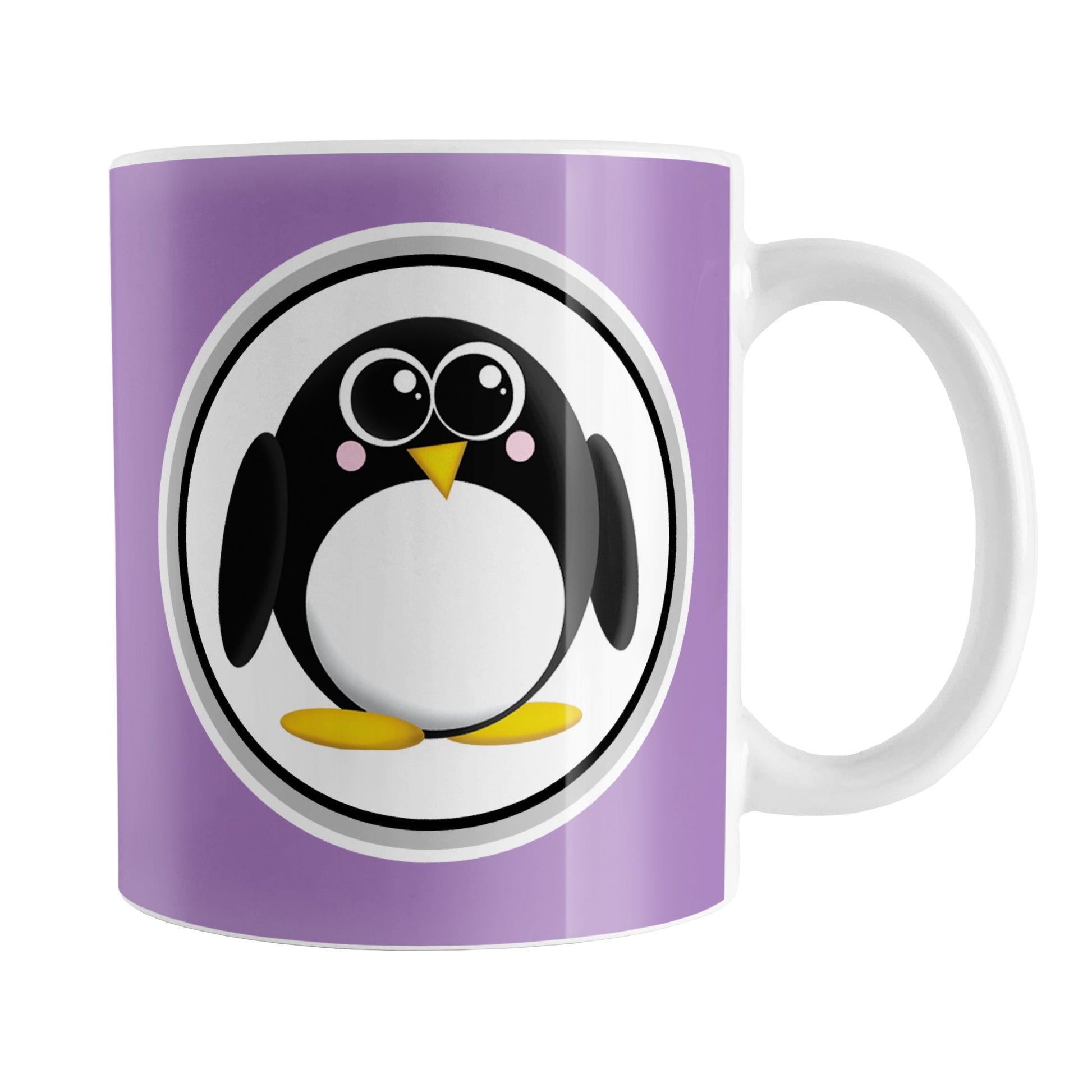 Adorable Purple Penguin Mug (11oz) at Amy's Coffee Mugs. A ceramic coffee mug designed with a cute rounded penguin in a white circle on both sides of the mug over a purple background color that wraps around the mug up to the handle.