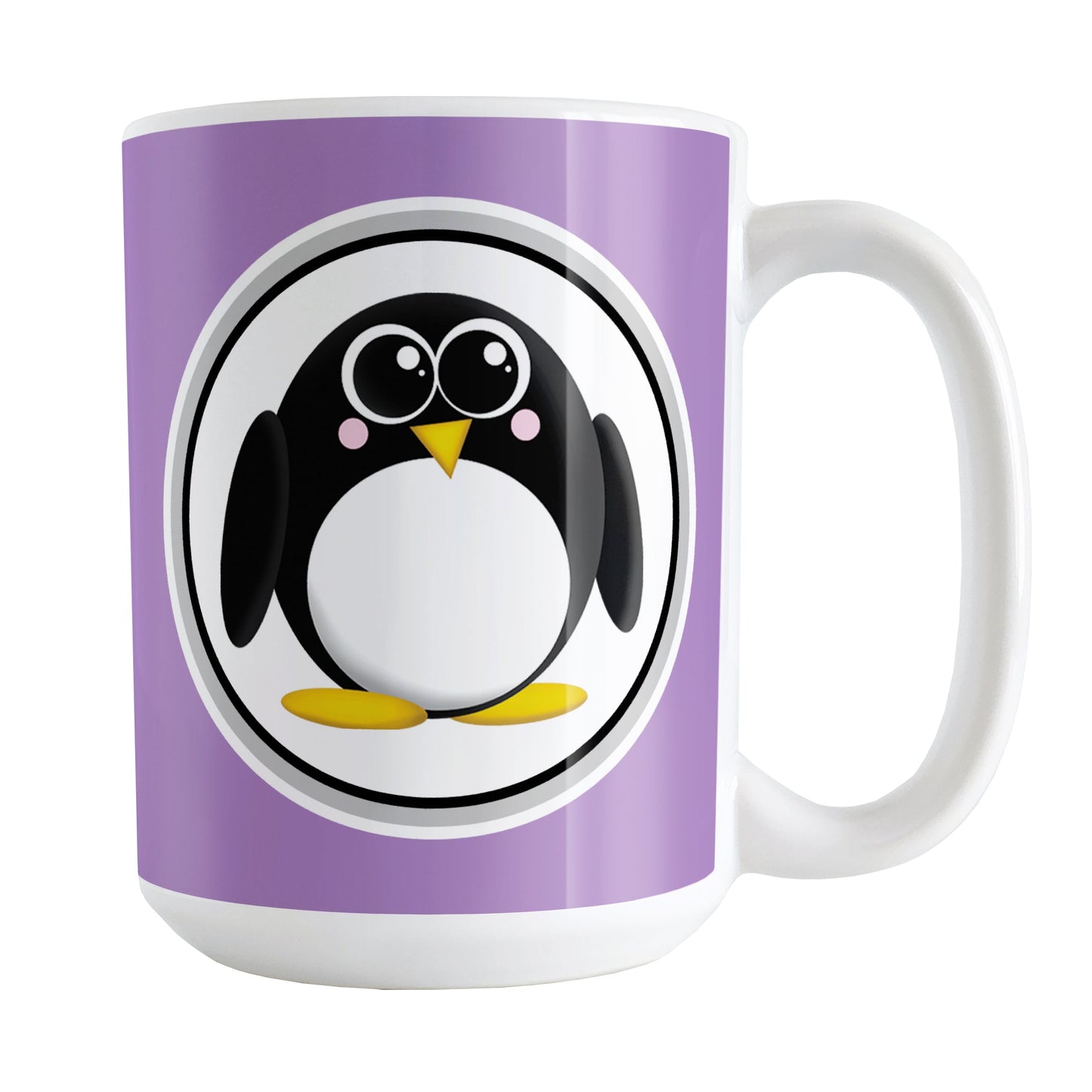 Adorable Purple Penguin Mug (15oz) at Amy's Coffee Mugs. A ceramic coffee mug designed with a cute rounded penguin in a white circle on both sides of the mug over a purple background color that wraps around the mug up to the handle.
