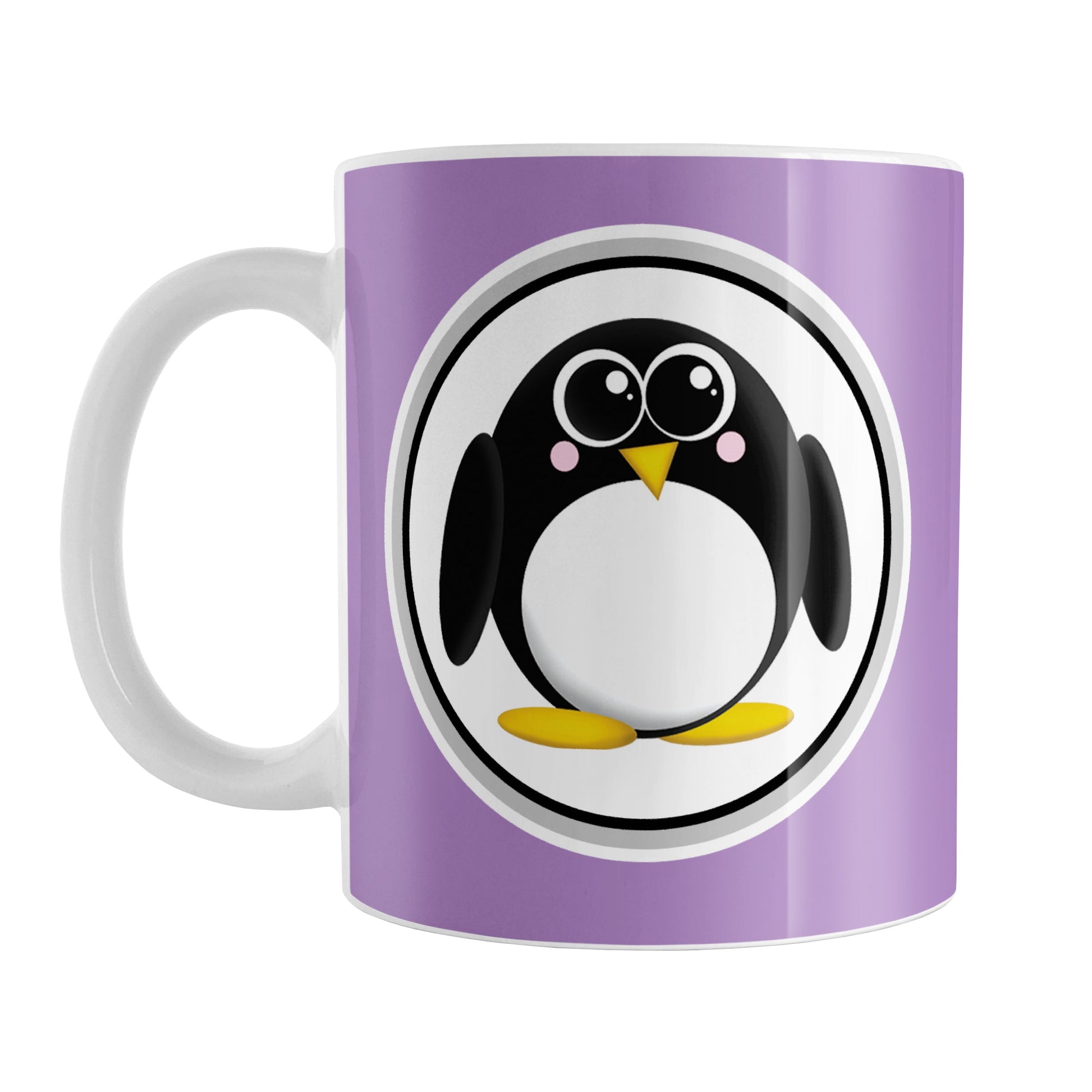 Adorable Purple Penguin Mug (11oz) at Amy's Coffee Mugs. A ceramic coffee mug designed with a cute rounded penguin in a white circle on both sides of the mug over a purple background color that wraps around the mug up to the handle.