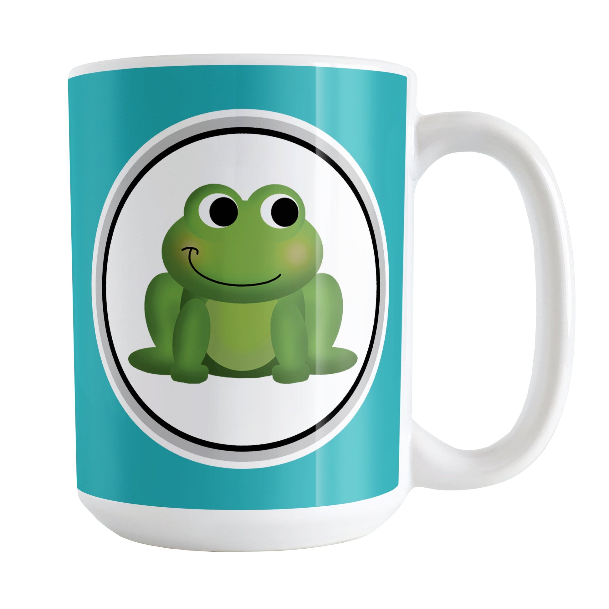 Adorable Turquoise Frog Mug (15oz) at Amy's Coffee Mugs. A ceramic coffee mug designed with a cute and happy green frog in a white circle on both sides of the mug over a turquoise background color that wraps around the mug up to the handle.