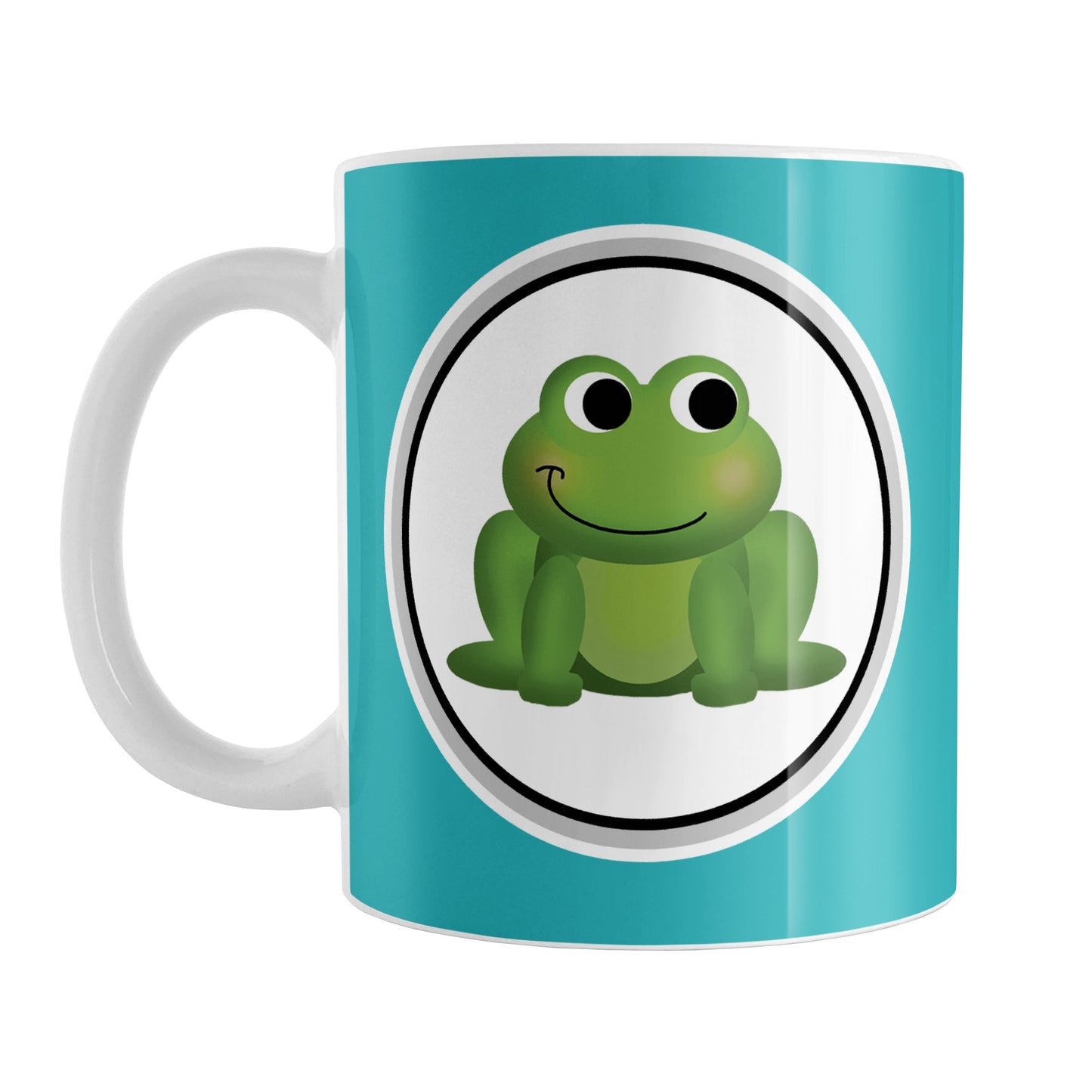 Adorable Turquoise Frog Mug (11oz) at Amy's Coffee Mugs. A ceramic coffee mug designed with a cute and happy green frog in a white circle on both sides of the mug over a turquoise background color that wraps around the mug up to the handle.