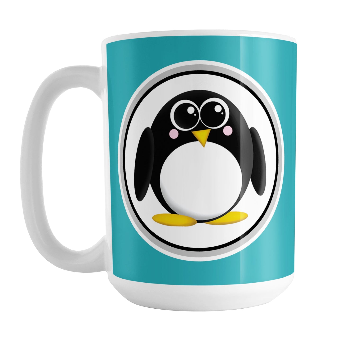 Adorable Turquoise Penguin Mug (15oz) at Amy's Coffee Mugs. A ceramic coffee mug designed with a cute rounded penguin in a white circle on both sides of the mug over a turquoise background color that wraps around the mug up to the handle.