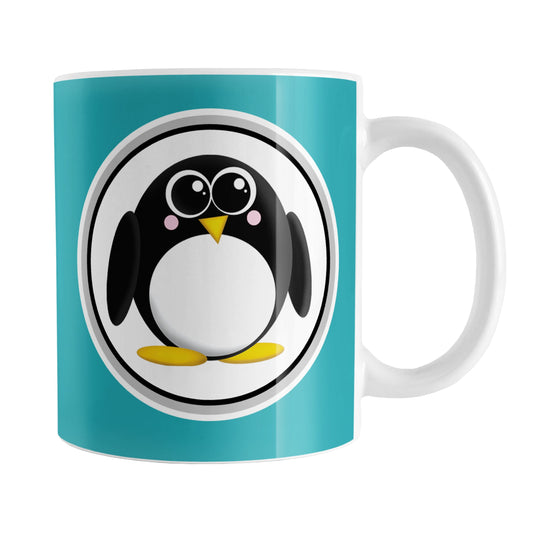 Adorable Turquoise Penguin Mug (11oz) at Amy's Coffee Mugs. A ceramic coffee mug designed with a cute rounded penguin in a white circle on both sides of the mug over a turquoise background color that wraps around the mug up to the handle.