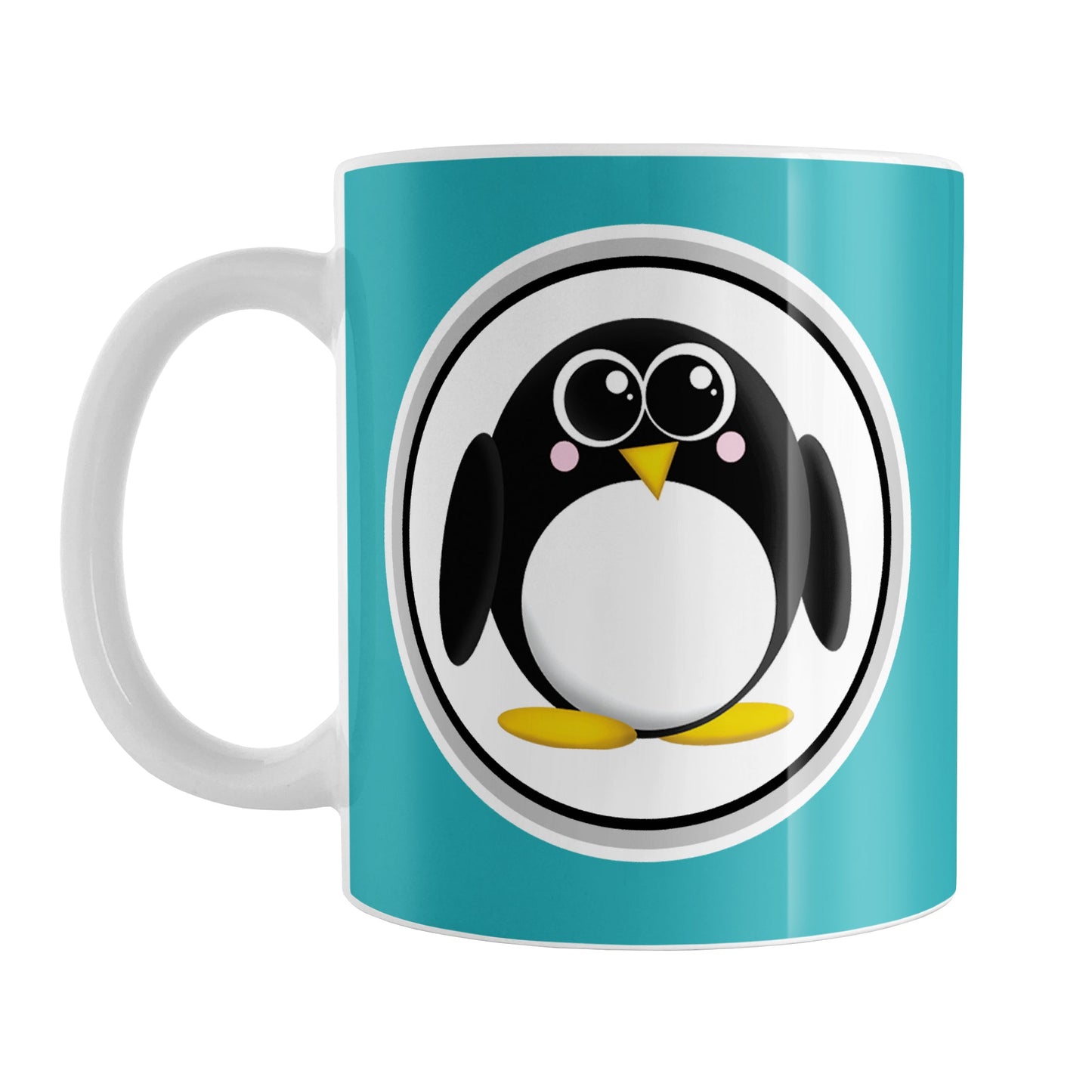 Adorable Turquoise Penguin Mug (11oz) at Amy's Coffee Mugs. A ceramic coffee mug designed with a cute rounded penguin in a white circle on both sides of the mug over a turquoise background color that wraps around the mug up to the handle.