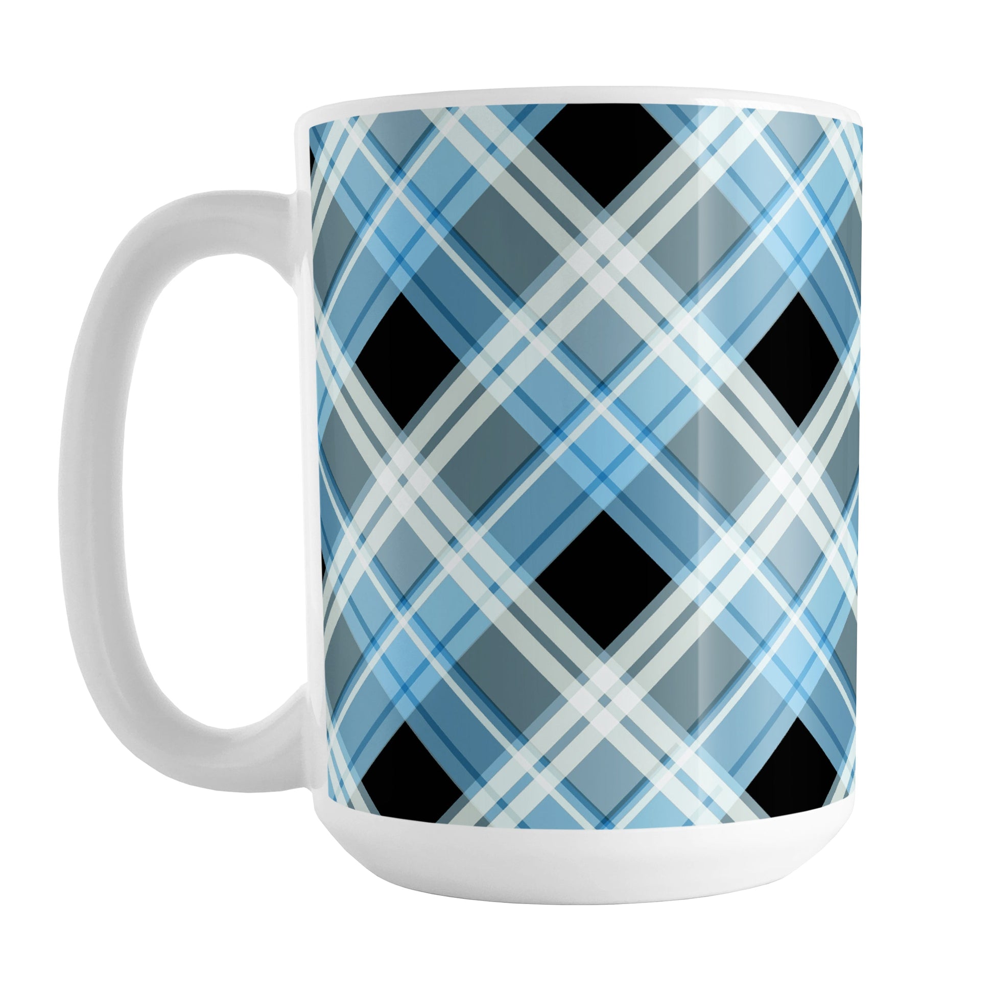 Alternative Blue Plaid Mug (15oz) at Amy's Coffee Mugs. A ceramic coffee mug designed with a diagonal blue, black, and white plaid pattern that wraps around the mug up to the handle.