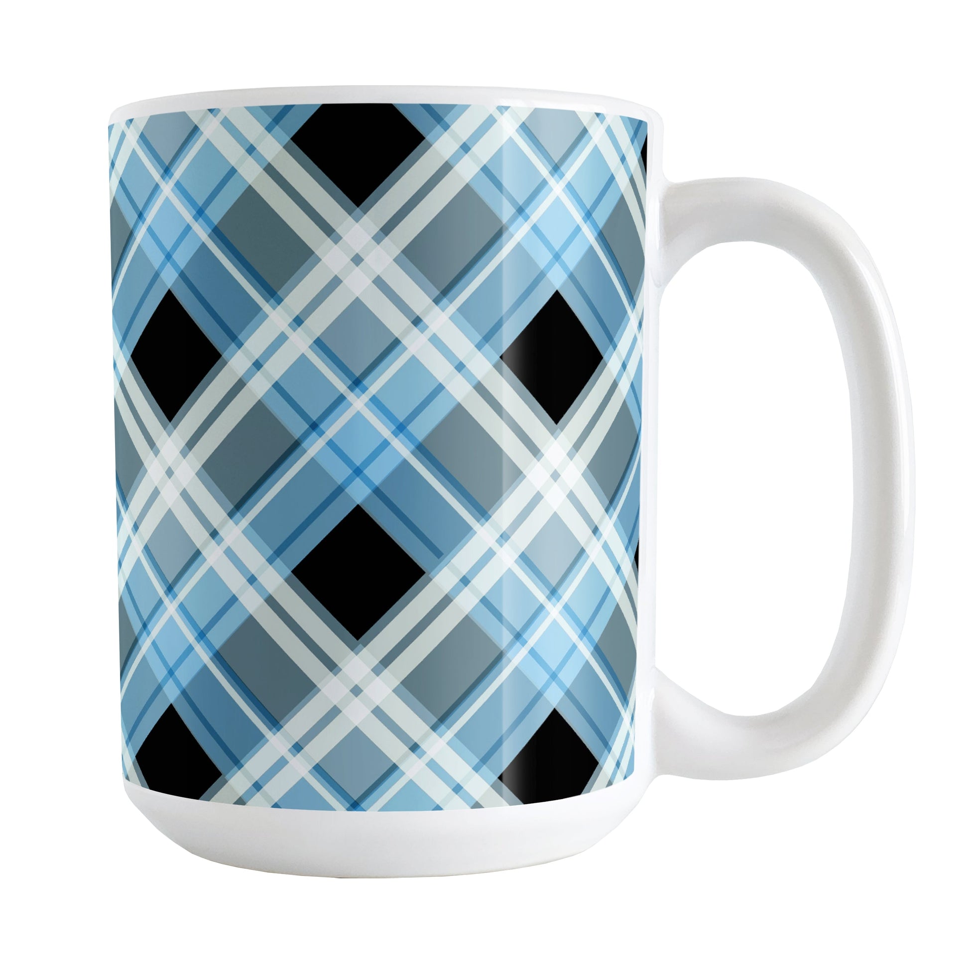 Alternative Blue Plaid Mug (15oz) at Amy's Coffee Mugs. A ceramic coffee mug designed with a diagonal blue, black, and white plaid pattern that wraps around the mug up to the handle.