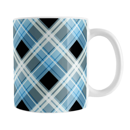 Alternative Blue Plaid Mug (11oz) at Amy's Coffee Mugs. A ceramic coffee mug designed with a diagonal blue, black, and white plaid pattern that wraps around the mug up to the handle.