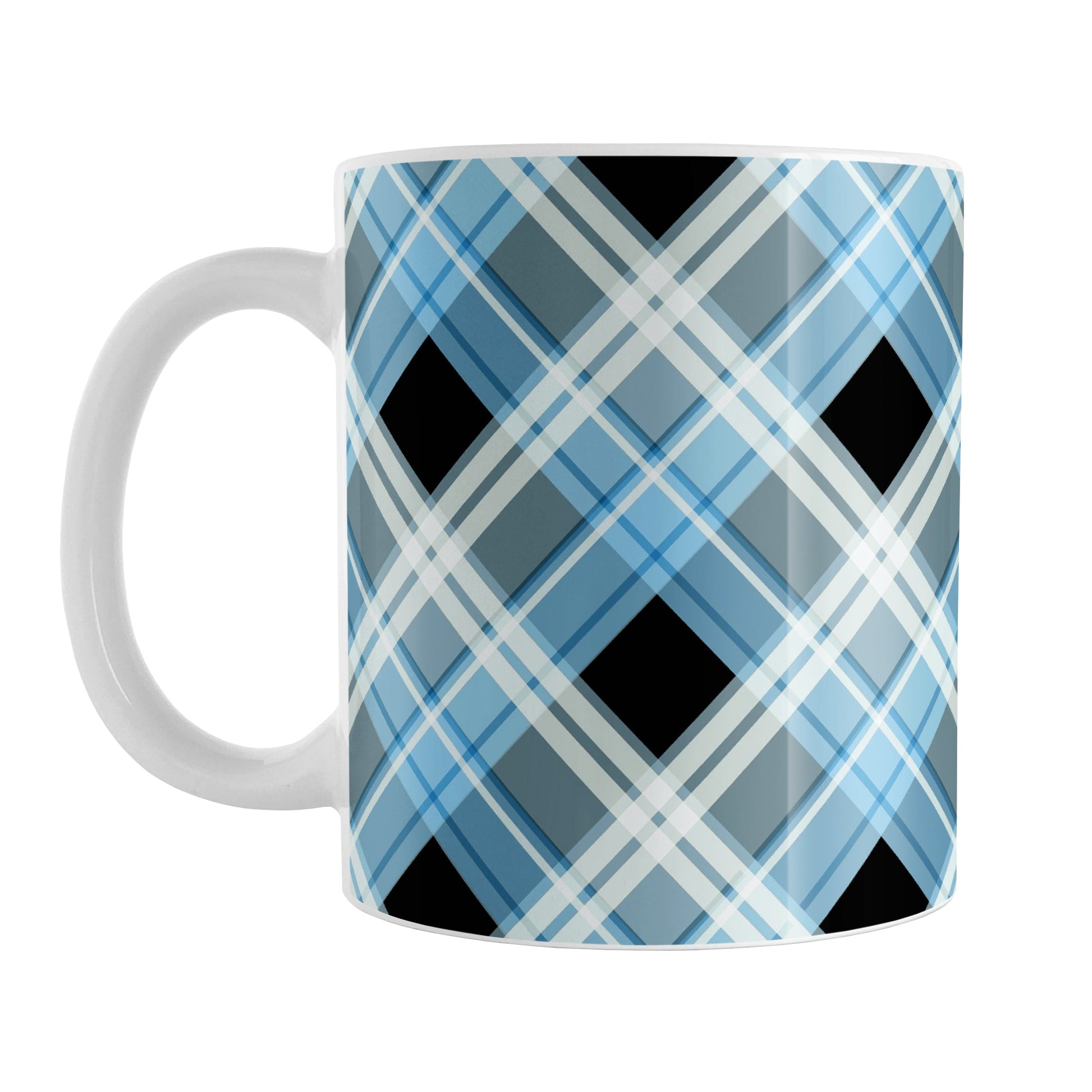 Alternative Blue Plaid Mug (11oz) at Amy's Coffee Mugs. A ceramic coffee mug designed with a diagonal blue, black, and white plaid pattern that wraps around the mug up to the handle.