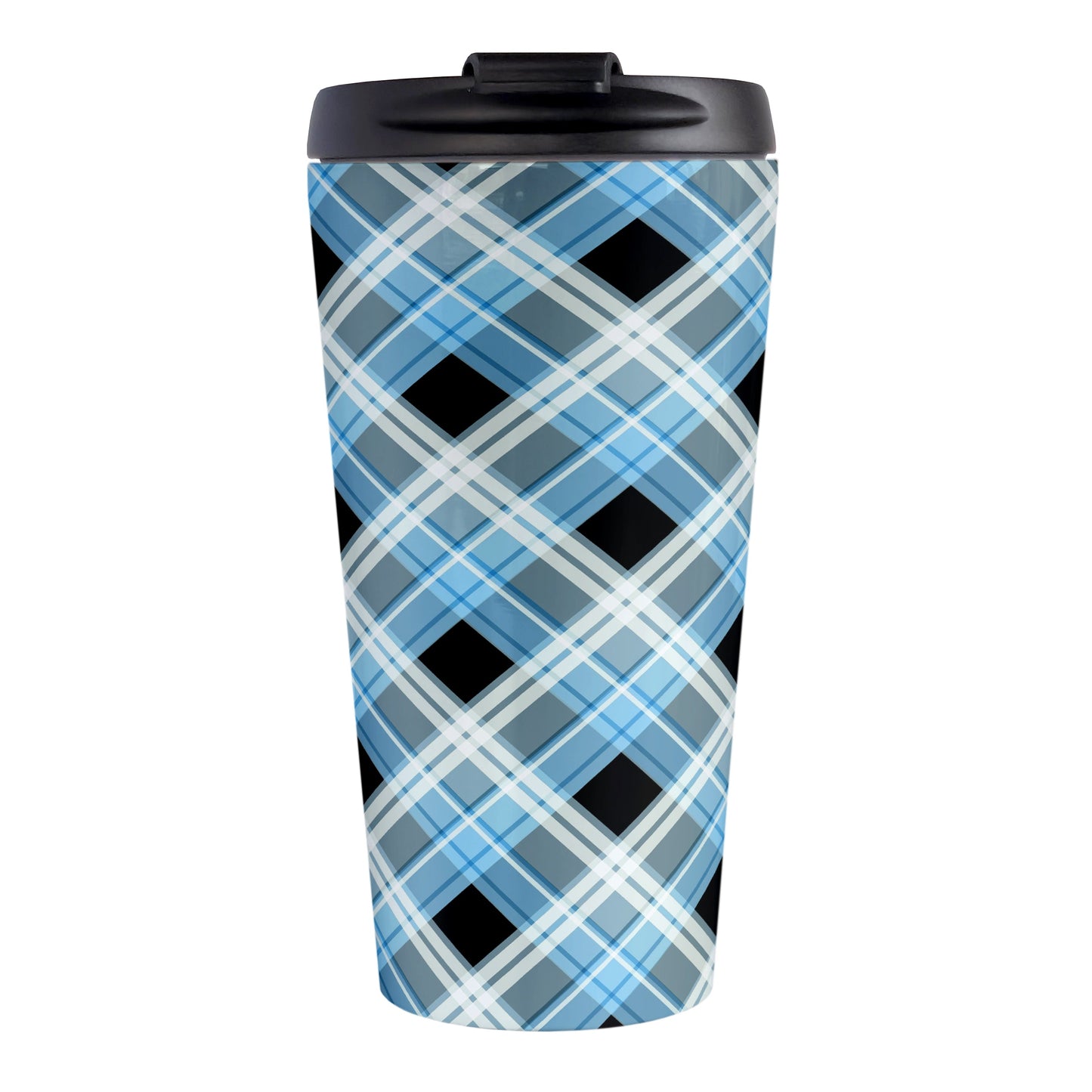Alternative Blue Plaid Travel Mug (15oz) at Amy's Coffee Mugs. A stainless steel travel mug designed with a diagonal blue, black, and white plaid pattern that wraps around the mug. Designed for someone who likes plaid patterns and loves the color blue.