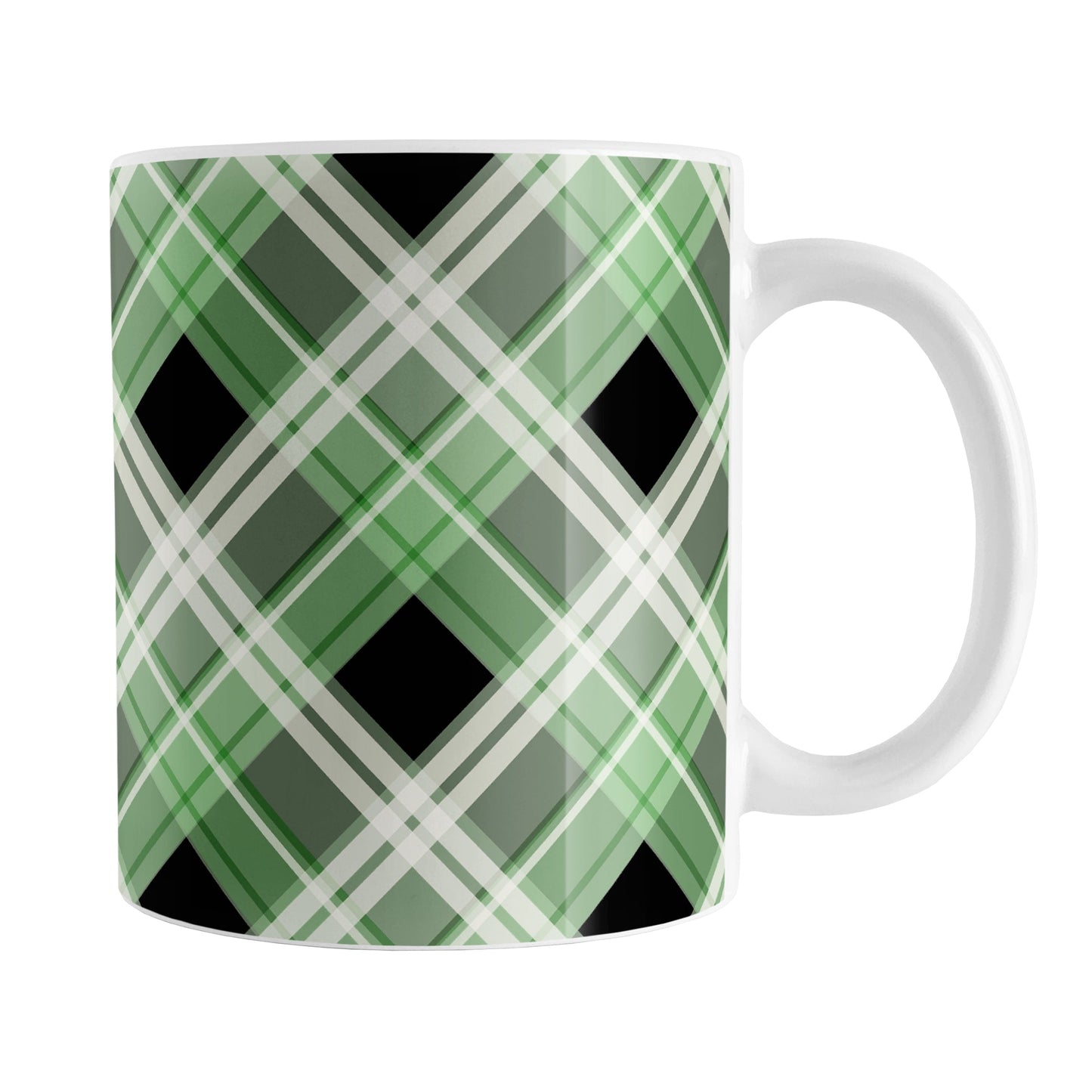 Alternative Green Plaid Mug (11oz) at Amy's Coffee Mugs. A ceramic coffee mug designed with a diagonal green, black, and white plaid pattern that wraps around the mug to the handle. Designed for someone who loves plaid patterns and is a fan of the color green.