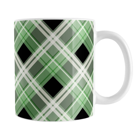 Alternative Green Plaid Mug (11oz) at Amy's Coffee Mugs. A ceramic coffee mug designed with a diagonal green, black, and white plaid pattern that wraps around the mug to the handle. Designed for someone who loves plaid patterns and is a fan of the color green.