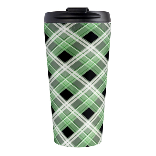 Alternative Green Plaid Travel Mug (15oz) at Amy's Coffee Mugs. A stainless steel travel mug designed with a diagonal green, black, and white plaid pattern that wraps around the mug. Designed for someone who likes plaid patterns and loves the color green.