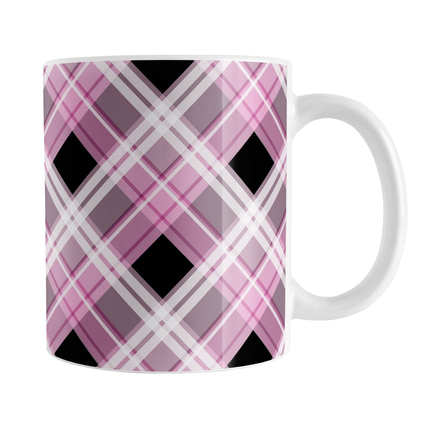 Alternative Pink Plaid Mug (11oz) at Amy's Coffee Mugs. A ceramic coffee mug designed with a diagonal pink, black, and white plaid pattern that wraps around the mug to the handle. Designed for someone who loves plaid patterns and the colors pink and black together.