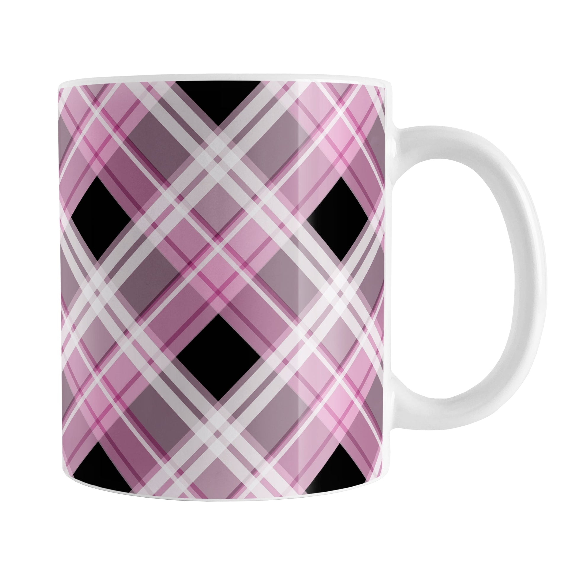 Alternative Pink Plaid Mug (11oz) at Amy's Coffee Mugs. A ceramic coffee mug designed with a diagonal pink, black, and white plaid pattern that wraps around the mug to the handle. Designed for someone who loves plaid patterns and the colors pink and black together.