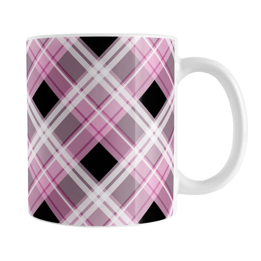 Alternative Pink Plaid Mug (11oz) at Amy's Coffee Mugs. A ceramic coffee mug designed with a diagonal pink, black, and white plaid pattern that wraps around the mug to the handle. Designed for someone who loves plaid patterns and the colors pink and black together.