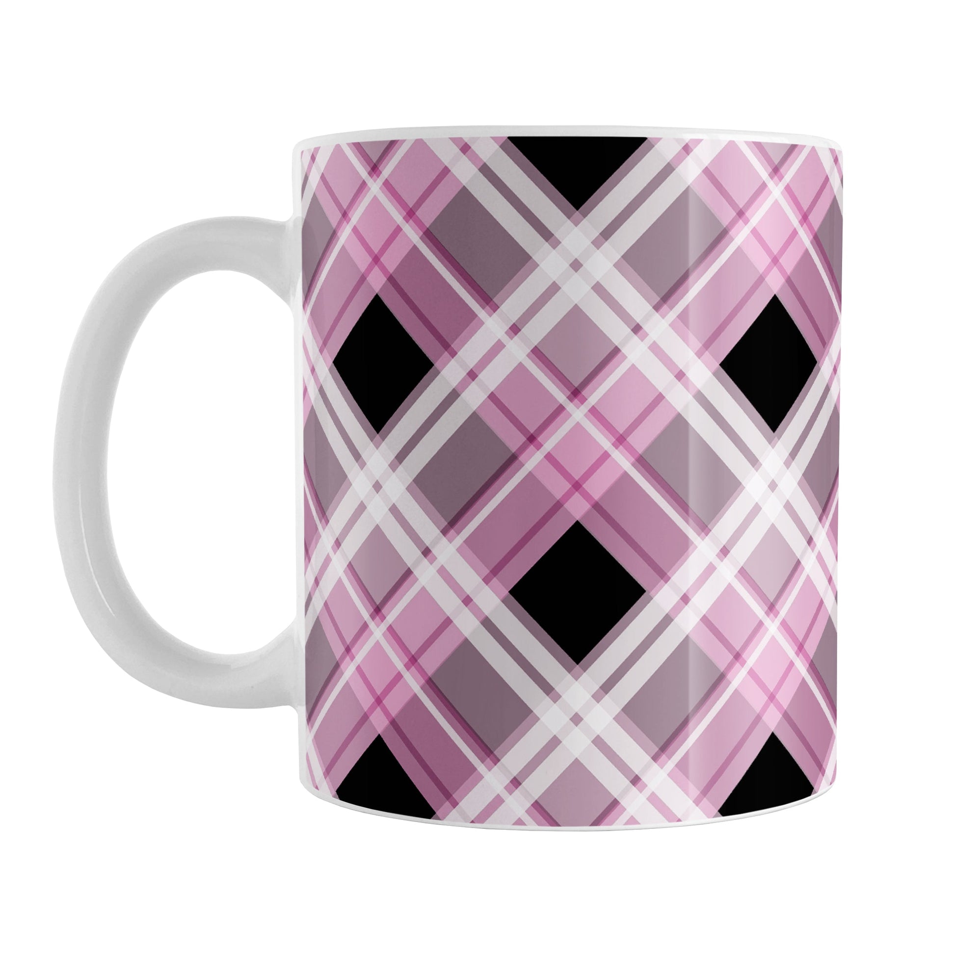 Alternative Pink Plaid Mug (11oz) at Amy's Coffee Mugs. A ceramic coffee mug designed with a diagonal pink, black, and white plaid pattern that wraps around the mug to the handle. Designed for someone who loves plaid patterns and the colors pink and black together.