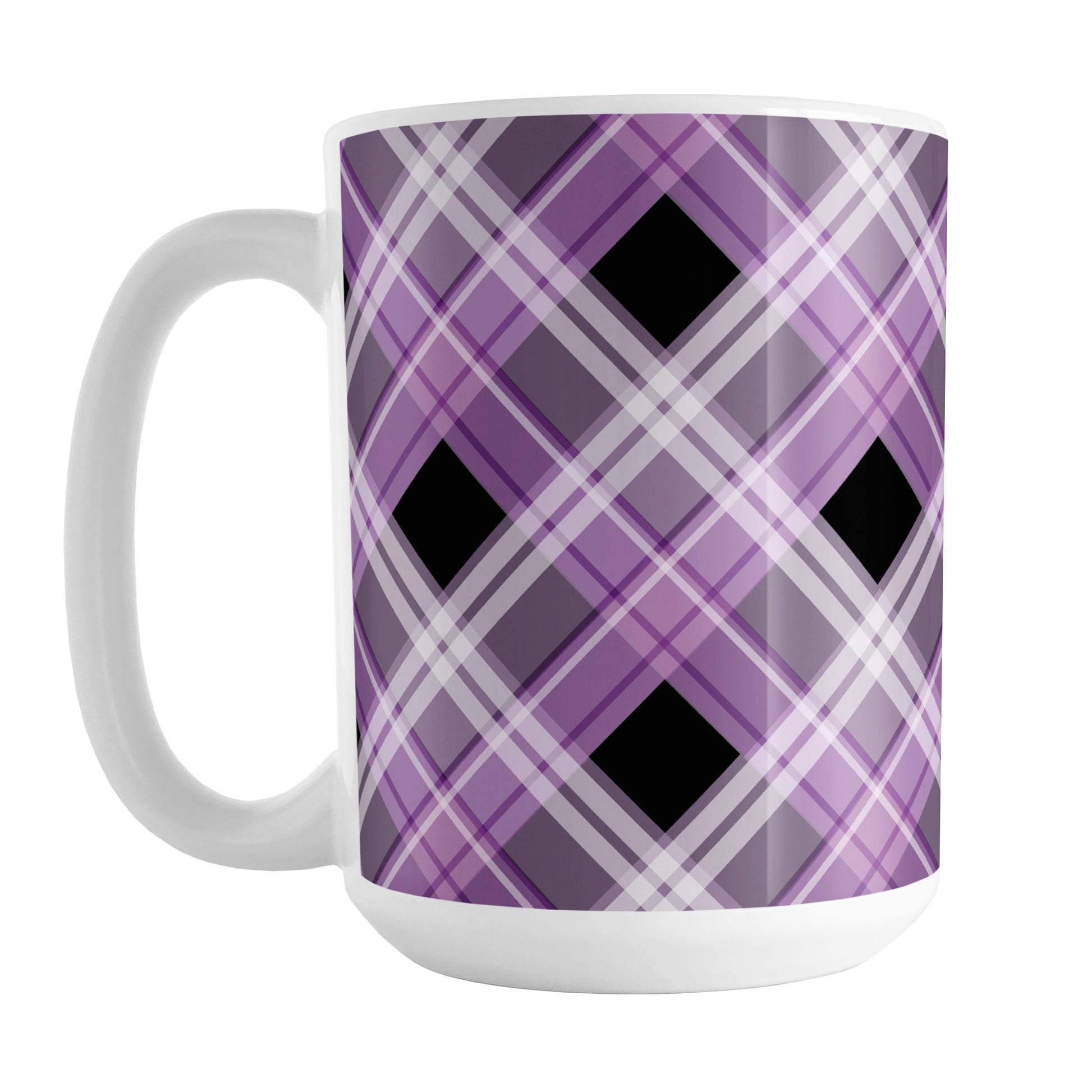 Alternative Purple Plaid Mug (15oz) at Amy's Coffee Mugs. A ceramic coffee mug designed with a diagonal purple, black, and white plaid pattern that wraps around the mug to the handle. Designed for someone who loves plaid patterns and the colors purple and black.