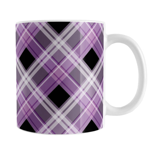 Alternative Purple Plaid Mug (11oz) at Amy's Coffee Mugs. A ceramic coffee mug designed with a diagonal purple, black, and white plaid pattern that wraps around the mug to the handle. Designed for someone who loves plaid patterns and the colors purple and black.