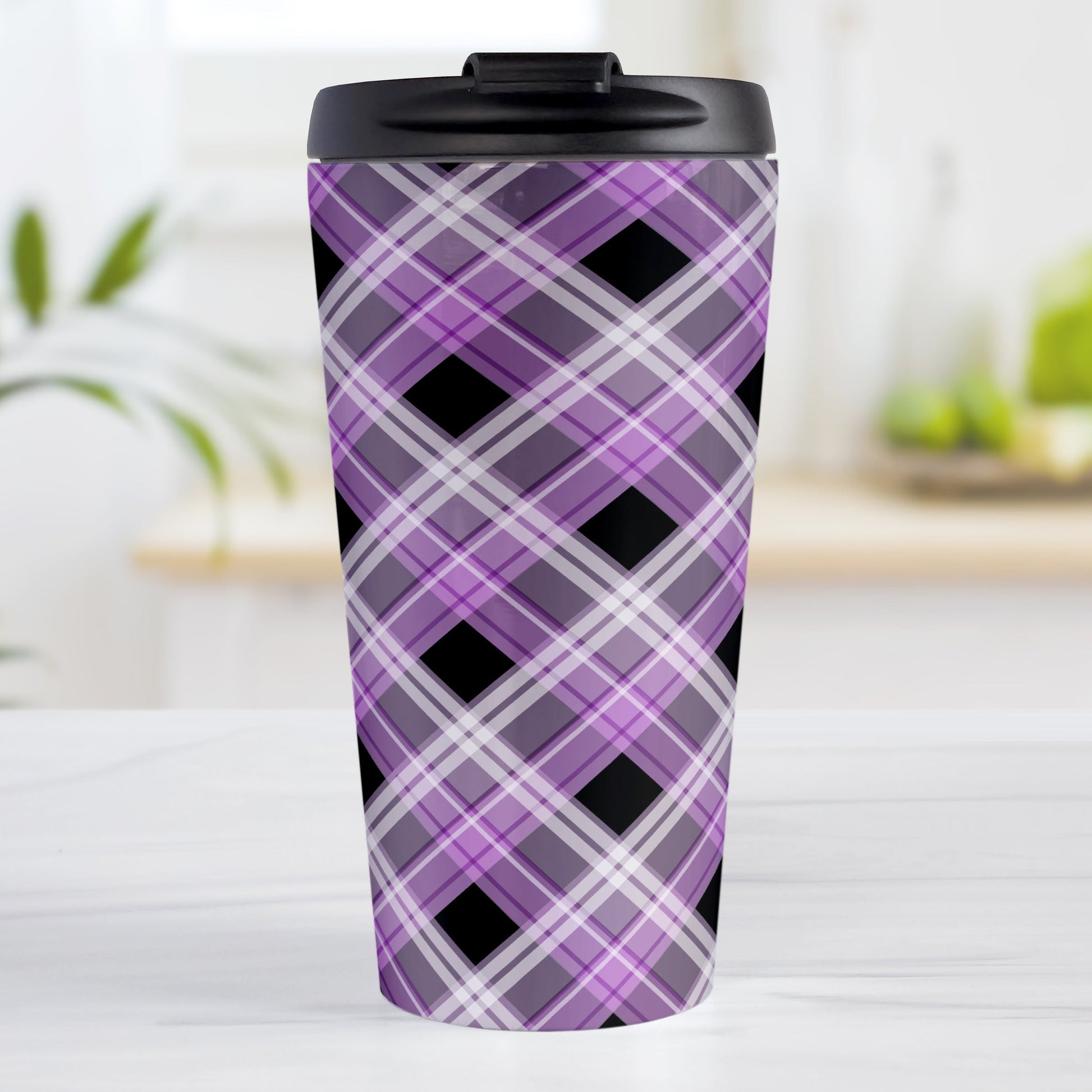 Alternative Purple Plaid Travel Mug (15oz) at Amy's Coffee Mugs. A stainless steel travel mug designed with a diagonal purple, black, and white plaid pattern that wraps around the mug. Designed for someone who likes plaid patterns and loves the color purple.