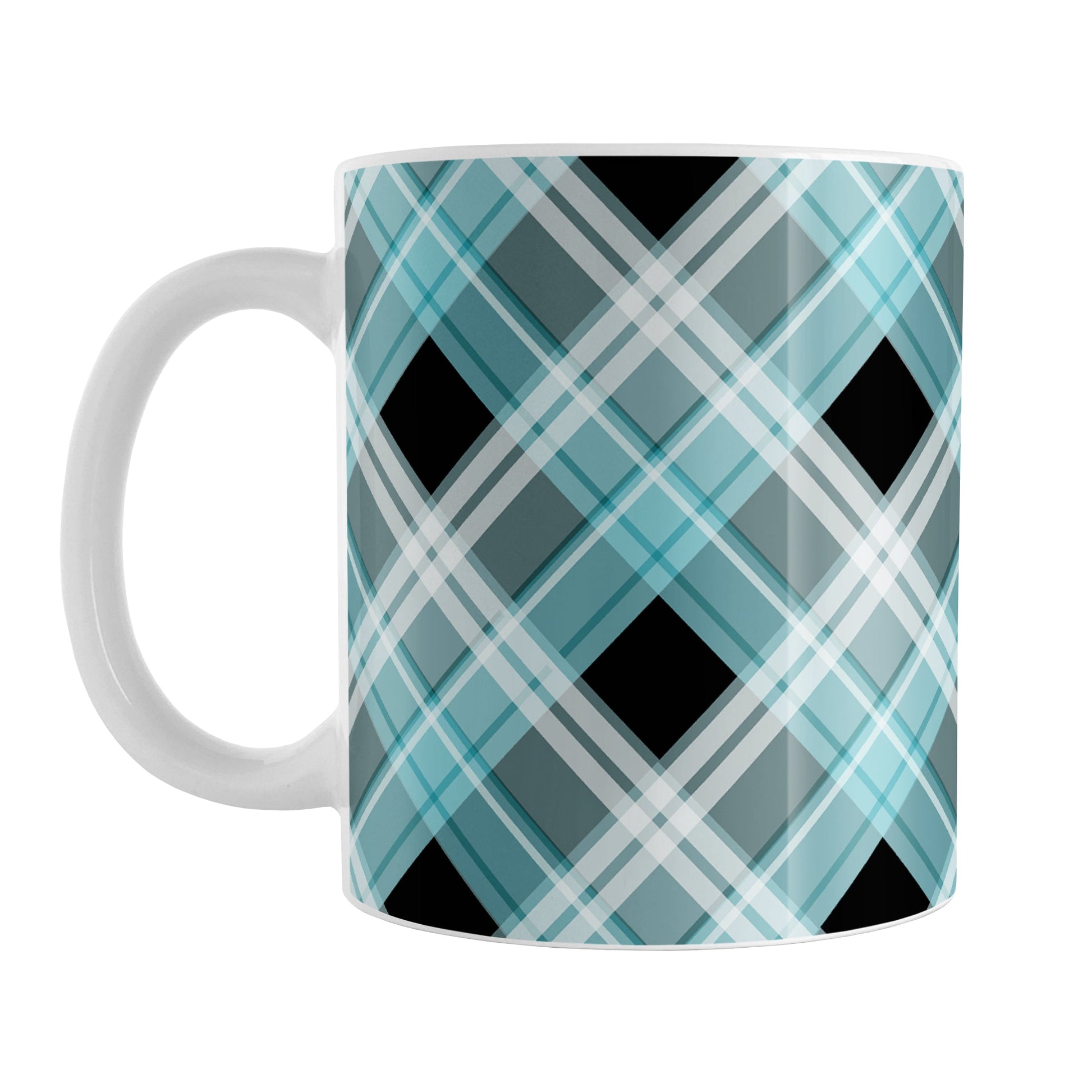 Alternative Turquoise Plaid Mug (11oz) at Amy's Coffee Mugs. A ceramic coffee mug designed with a diagonal turquoise, black, and white plaid pattern that wraps around the mug up to the handle.