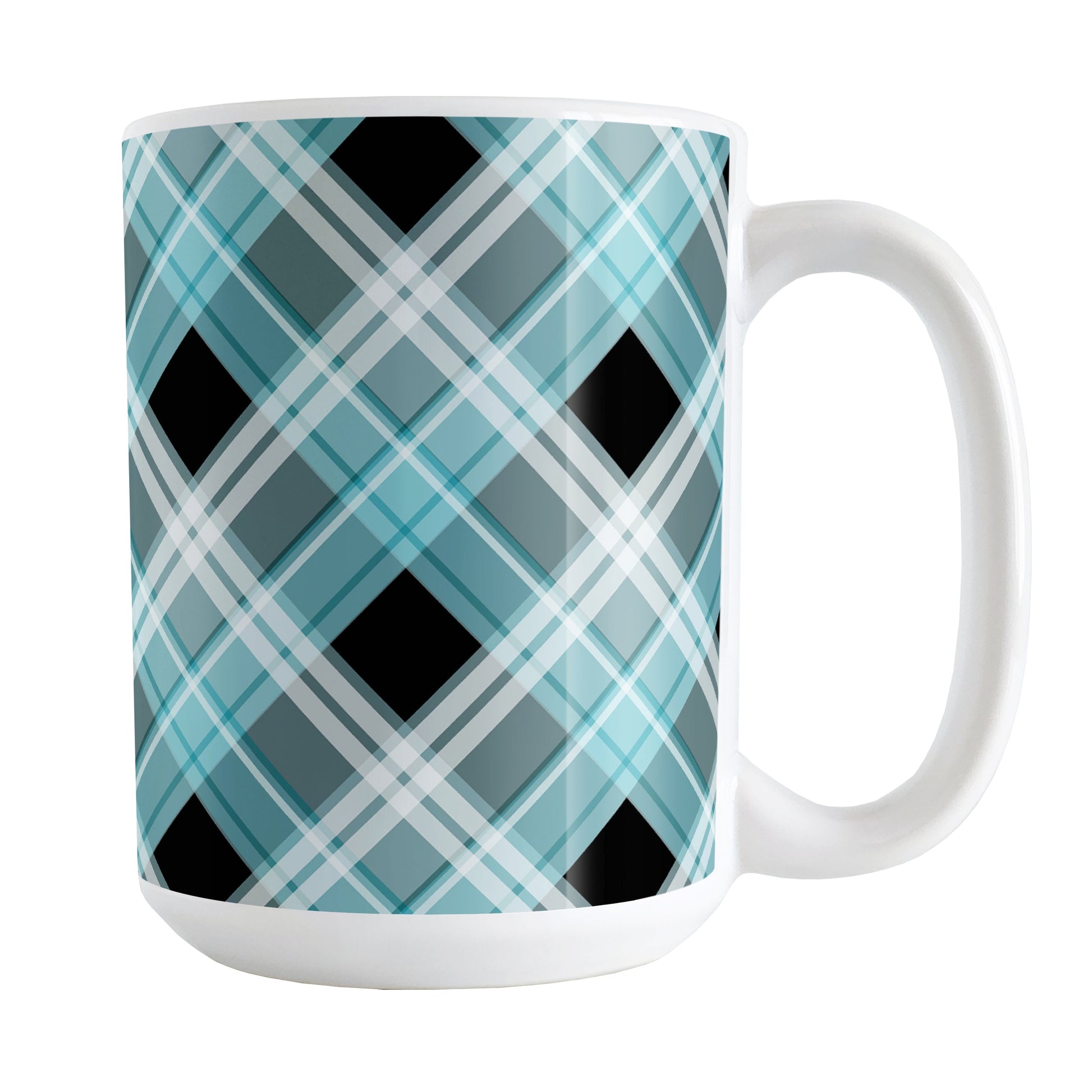 Alternative Turquoise Plaid Mug (15oz) at Amy's Coffee Mugs. A ceramic coffee mug designed with a diagonal turquoise, black, and white plaid pattern that wraps around the mug up to the handle.