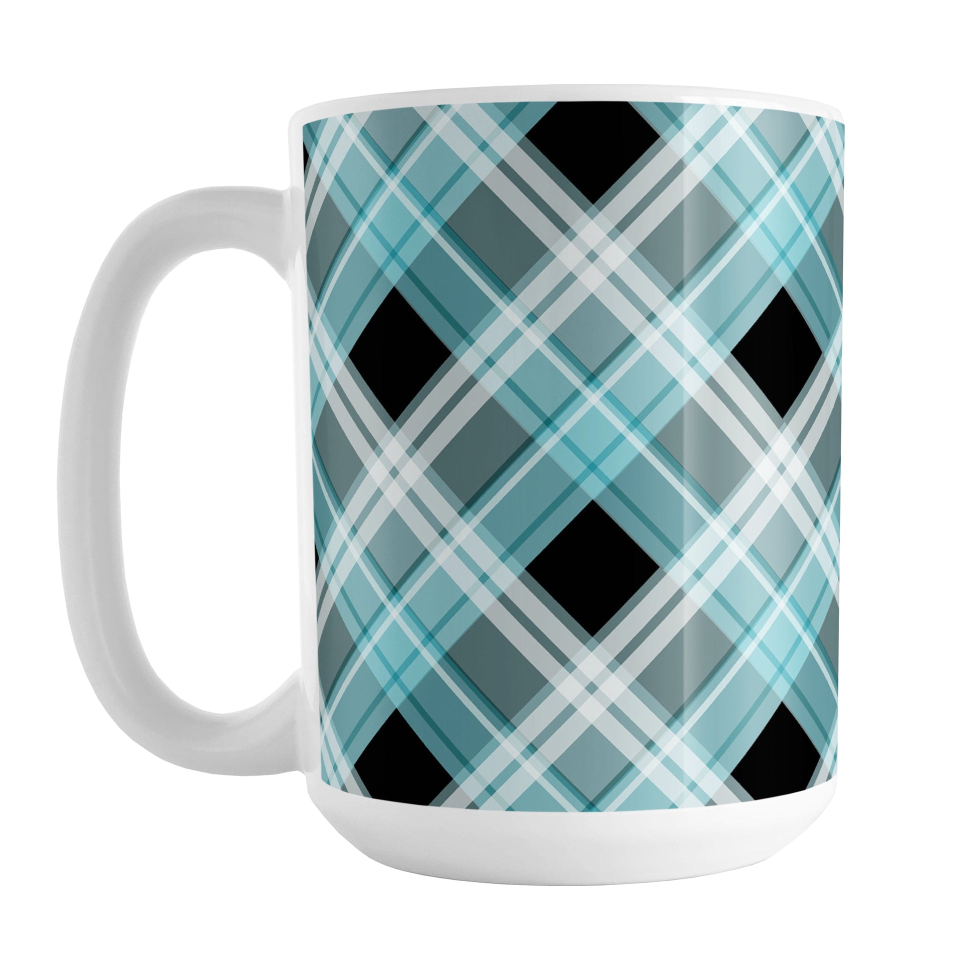 Alternative Turquoise Plaid Mug (15oz) at Amy's Coffee Mugs. A ceramic coffee mug designed with a diagonal turquoise, black, and white plaid pattern that wraps around the mug up to the handle.