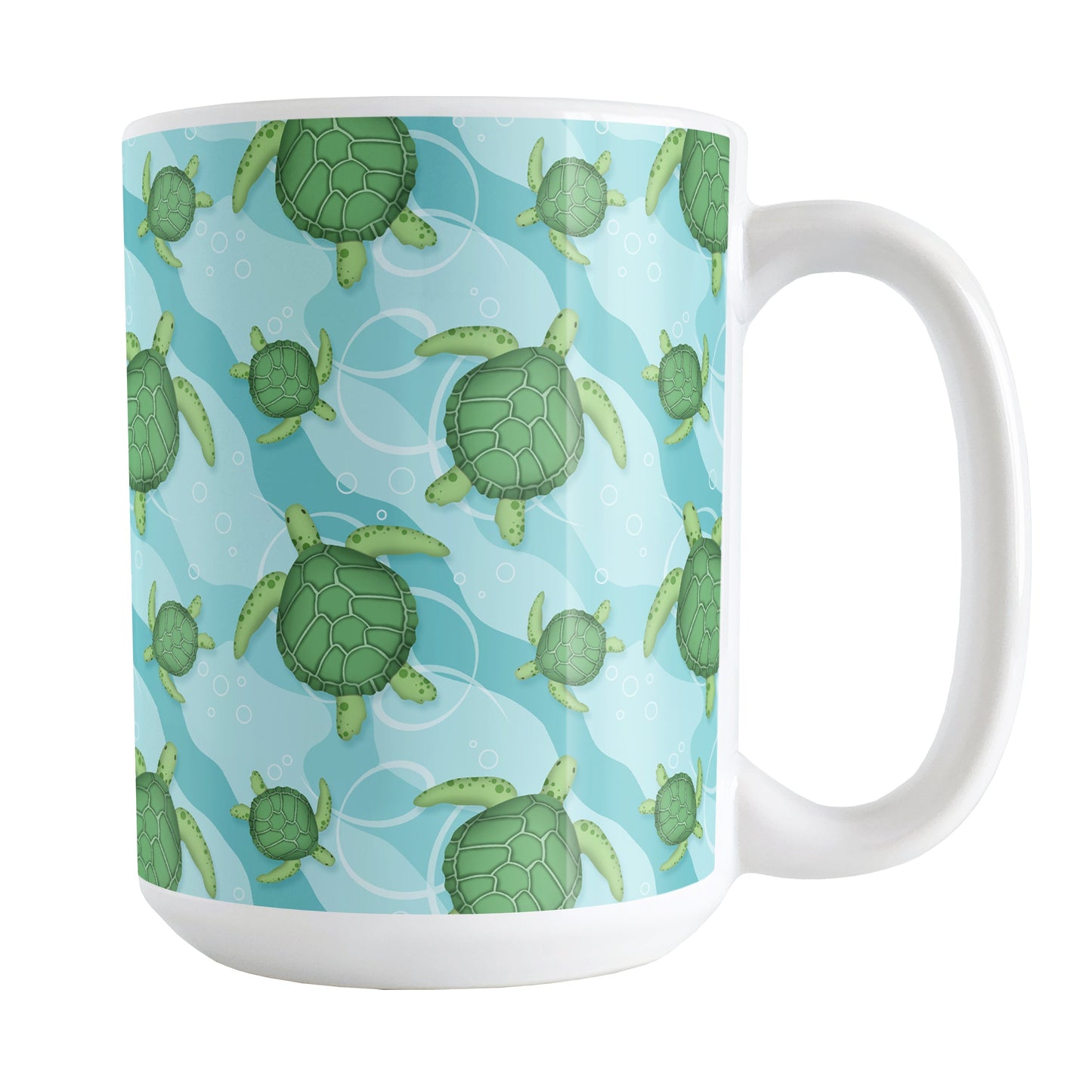 Aquatic Sea Turtle Pattern Mug (15oz) at Amy's Coffee Mugs. A ceramic coffee mug with an aquatic pattern of green sea turtles, swimming over a wavy underwater pattern design in blue and turquoise, that wraps around the mug to the handle.