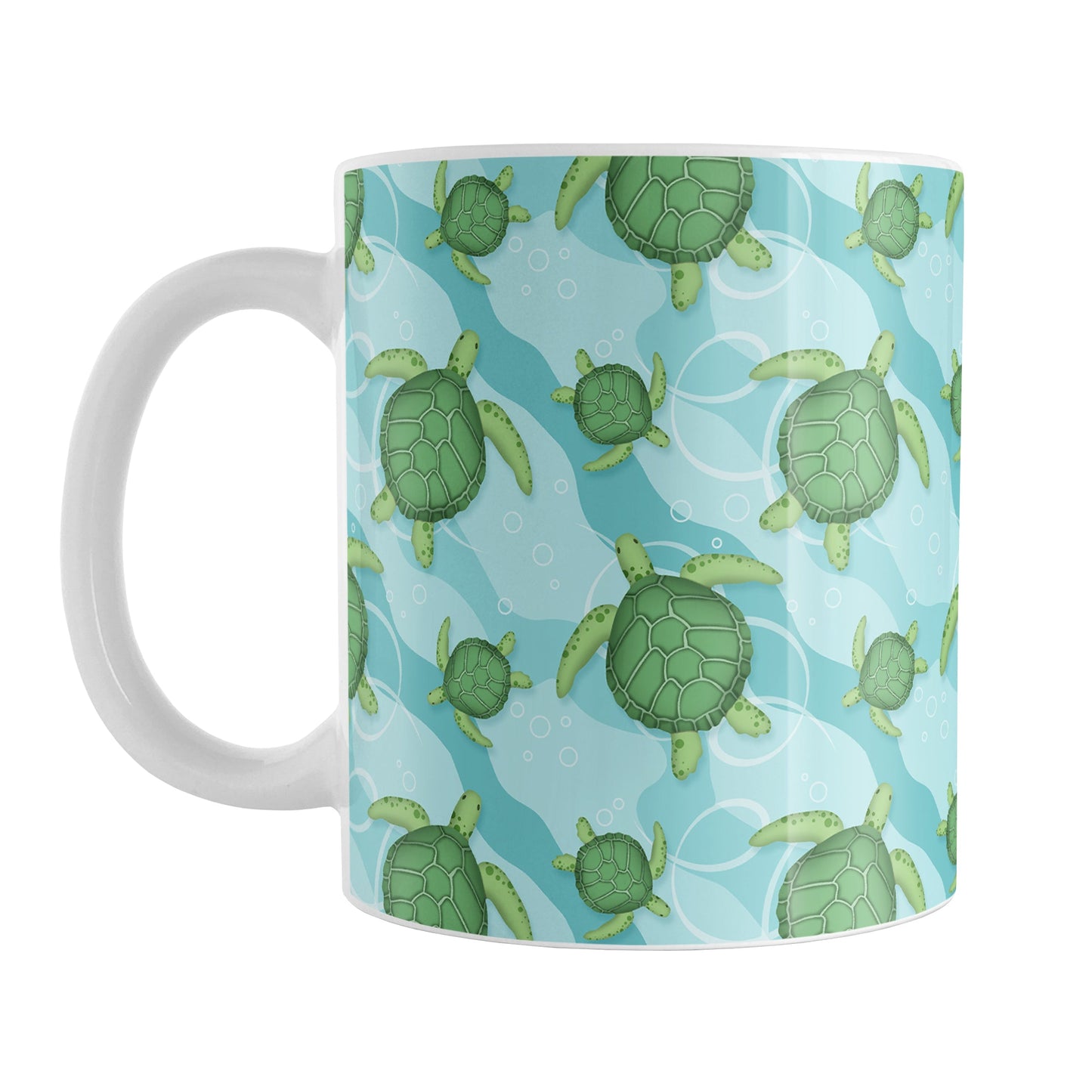 Aquatic Sea Turtle Pattern Mug (11oz) at Amy's Coffee Mugs. A ceramic coffee mug with an aquatic pattern of green sea turtles, swimming over a wavy underwater pattern design in blue and turquoise, that wraps around the mug to the handle.
